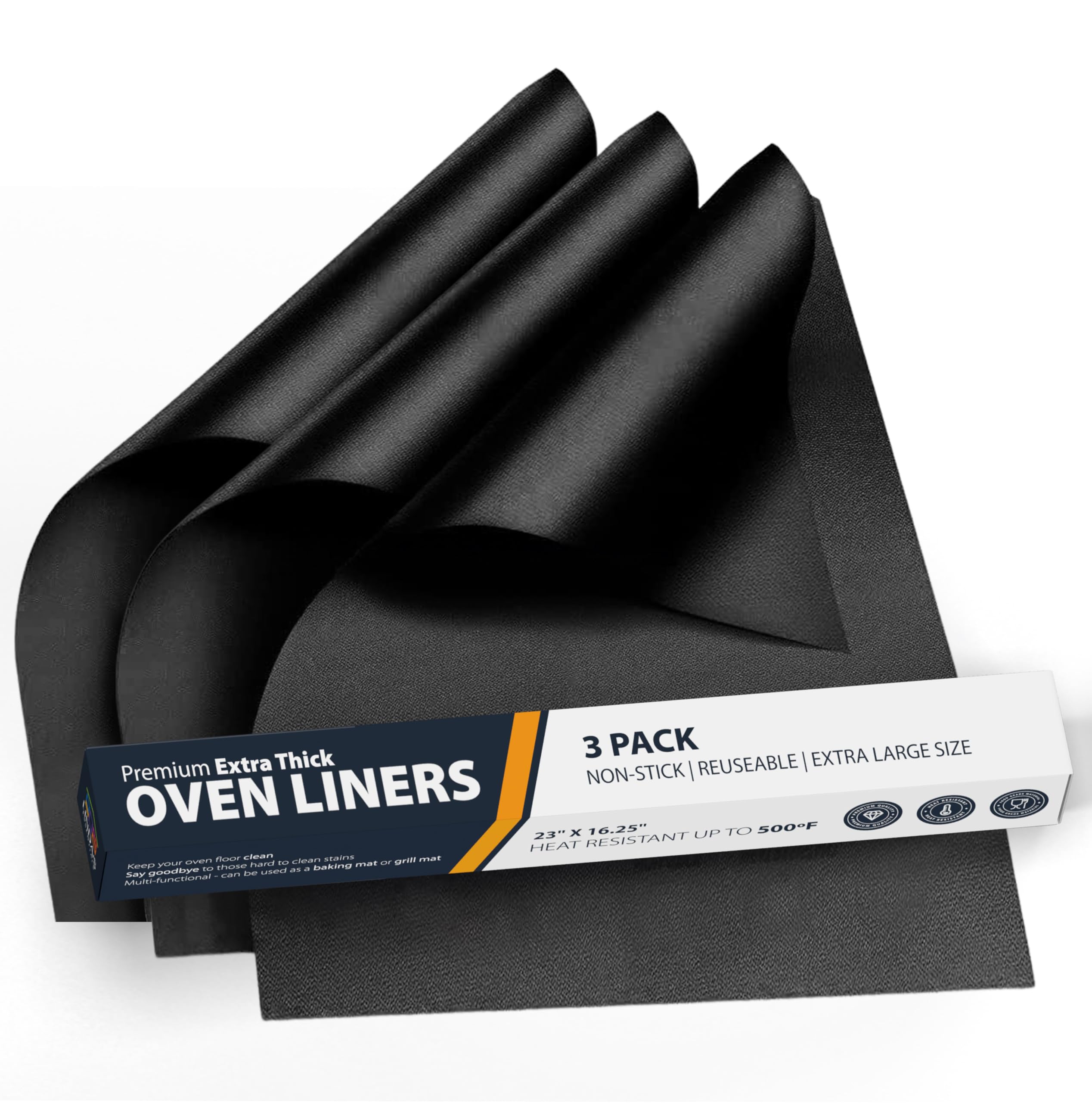 Non-Stick Oven Liners for Bottom of Oven - 3 Pack Heavy Duty Reusable Mats (16.25”x23”) for Electric/Gas Ovens, Toasters & Grills - BPA & PFOA Free Kitchen Accessory to Keep Clean (Black) - Perfect for Baking, Roasting & Easy Cleaning