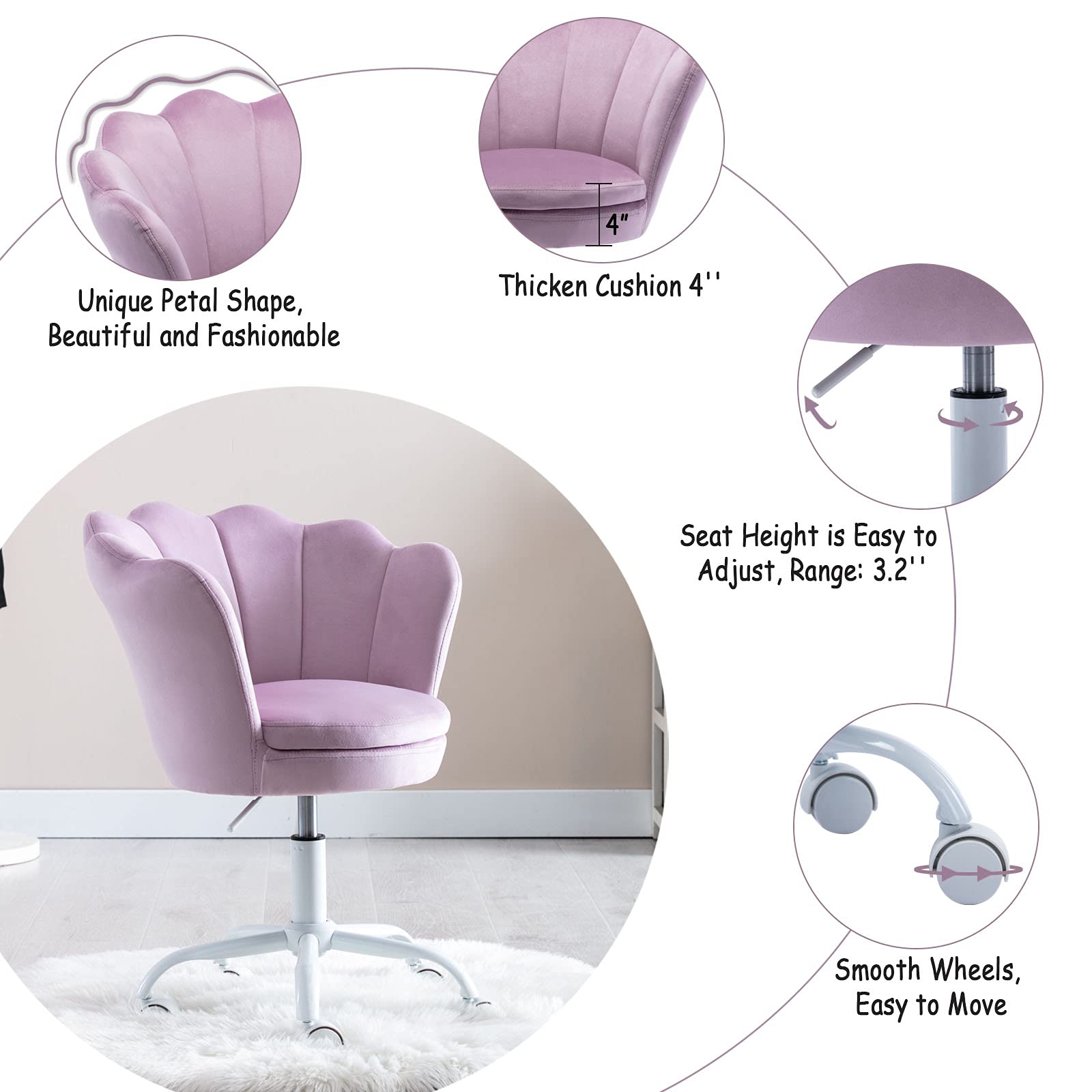 Adjustable Velvet Swivel Kids Desk Chair - Light Purple Task Chair for Girls, Study & Vanity Use in Bedroom, Home Office & Makeup Area