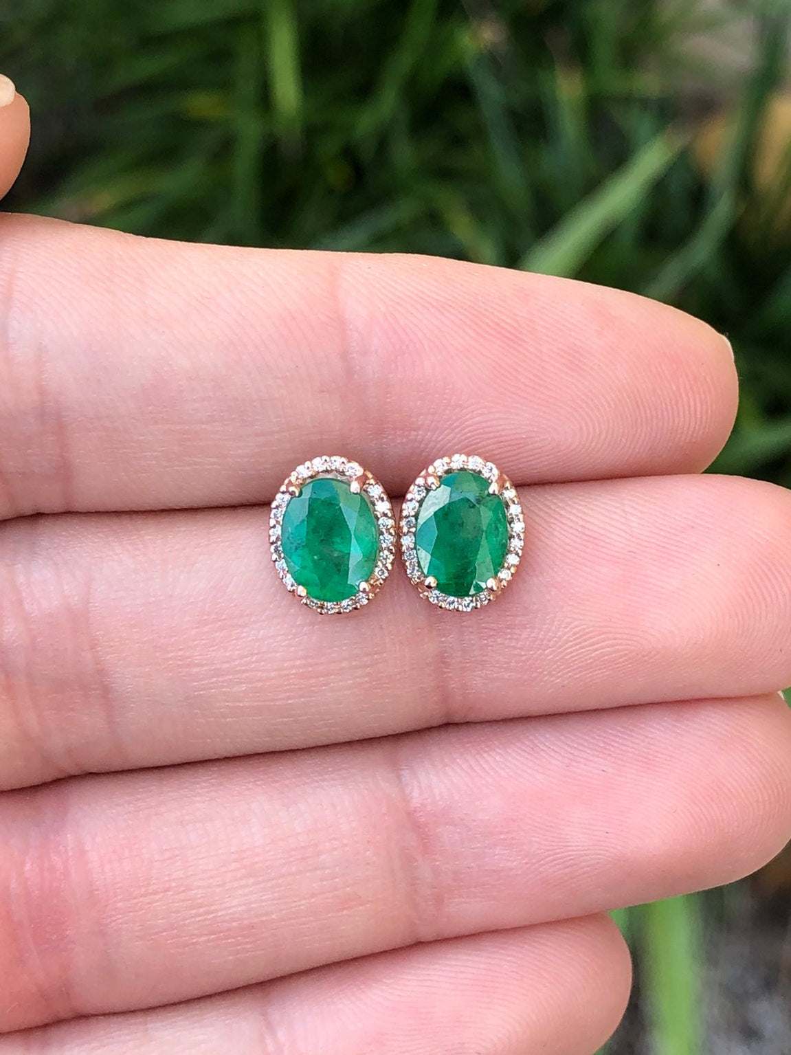 2.10tcw Oval Cut Dark Green Emerald & Diamond Halo 14K Rose Gold Stud Earrings for Women | Luxury Bridal Jewelry, Anniversary Gift, Evening Party Accessories