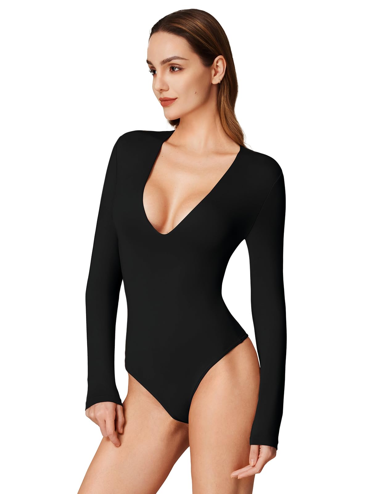 REORIA Women's Deep V Neck Long Sleeve Bodysuit - Sexy Plunge Neckline, Double Lined T-Shirt Top for Going Out, Date Night or Party Wear