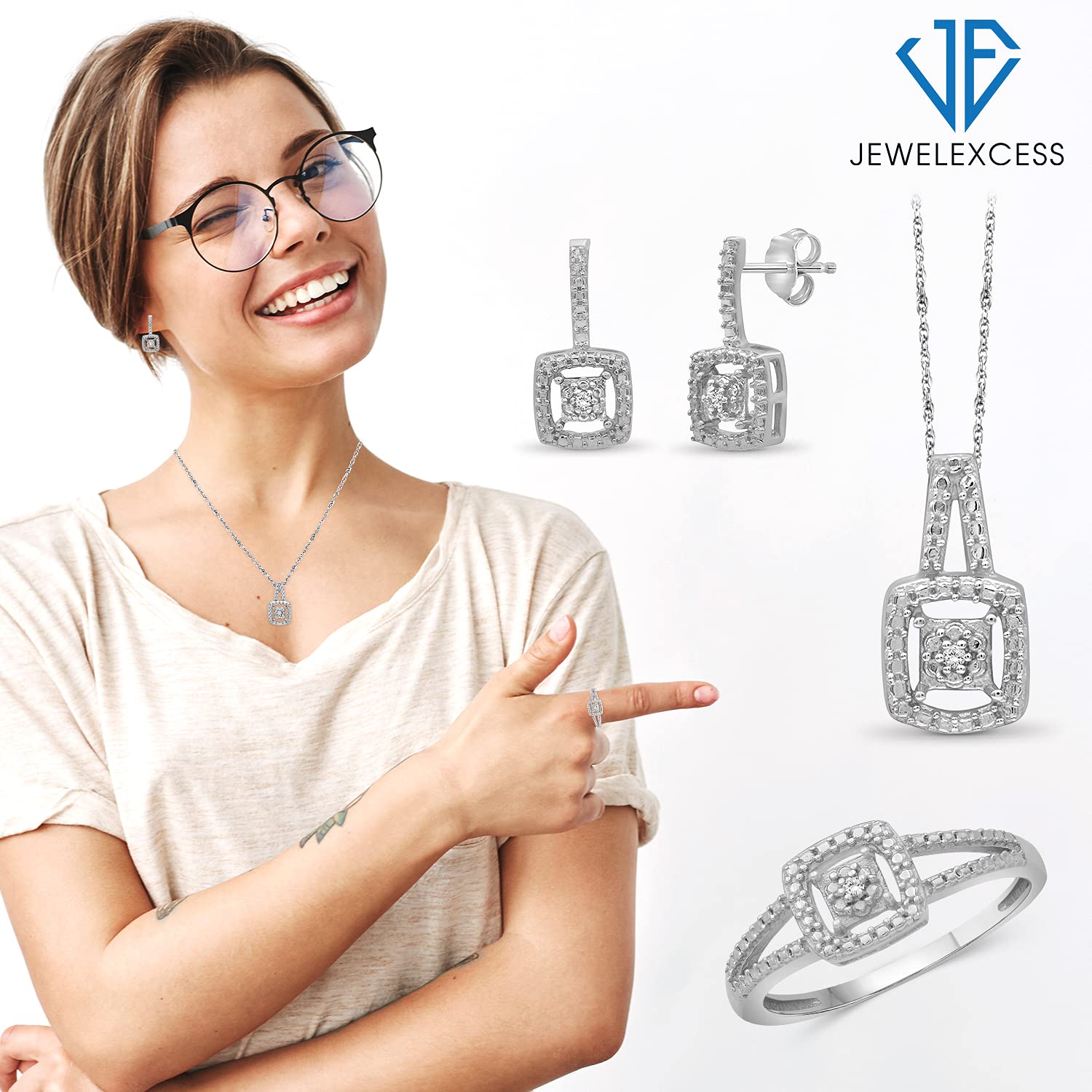 JEWELEXCESS 3-Piece White Diamond Sterling Silver Jewelry Set - Square Shaped Earrings, Necklace & Rings for Women - Elegant Gift for Birthday, Anniversary & Special Occasions - Perfect for Parties, Weddings & Everyday Wear
