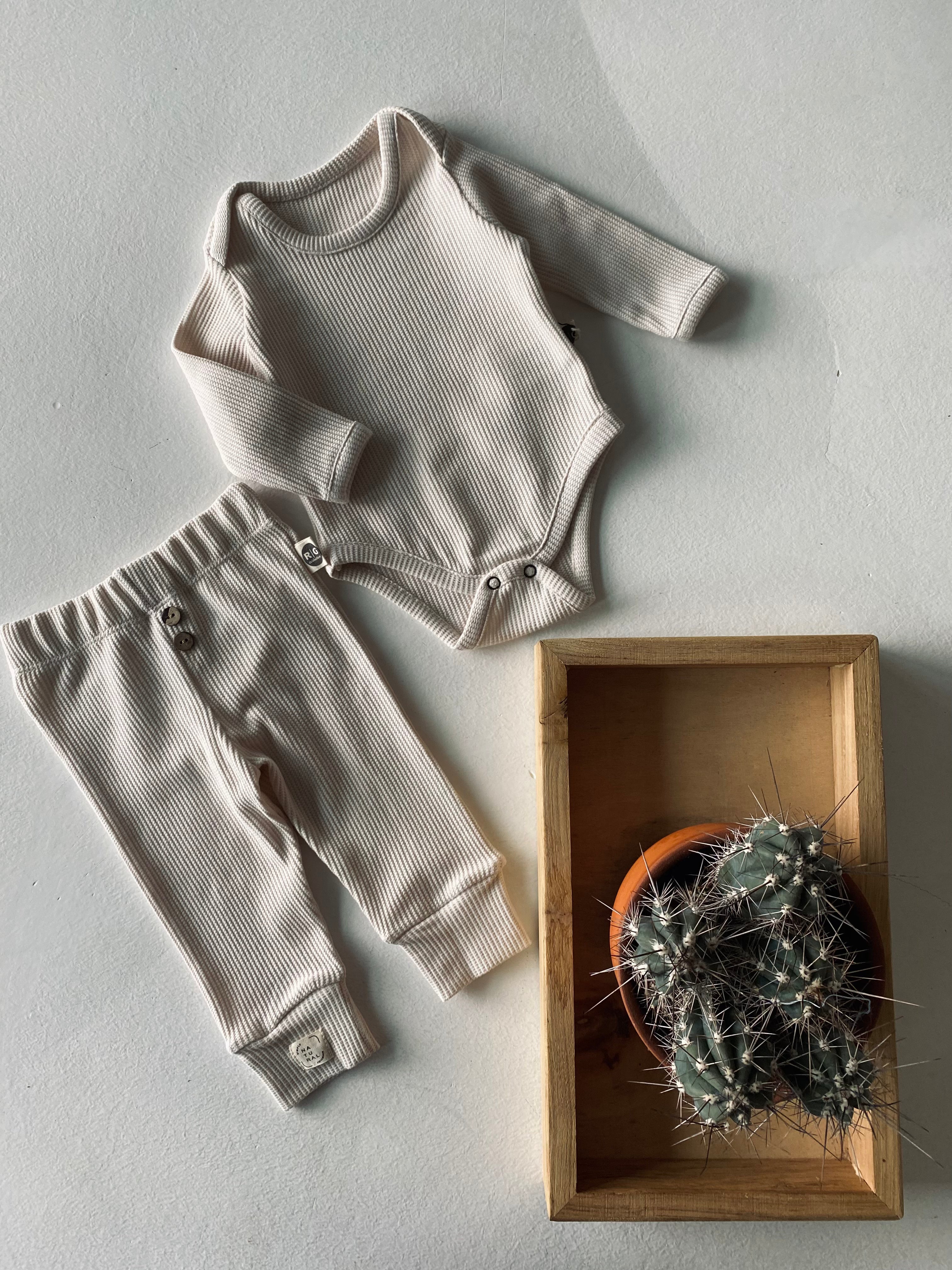 Natural Baby Waffle Top & Bottom Set - Soft Cotton Outfit for Newborns & Infants - Perfect for Playtime, Photo Shoots & Everyday Comfort
