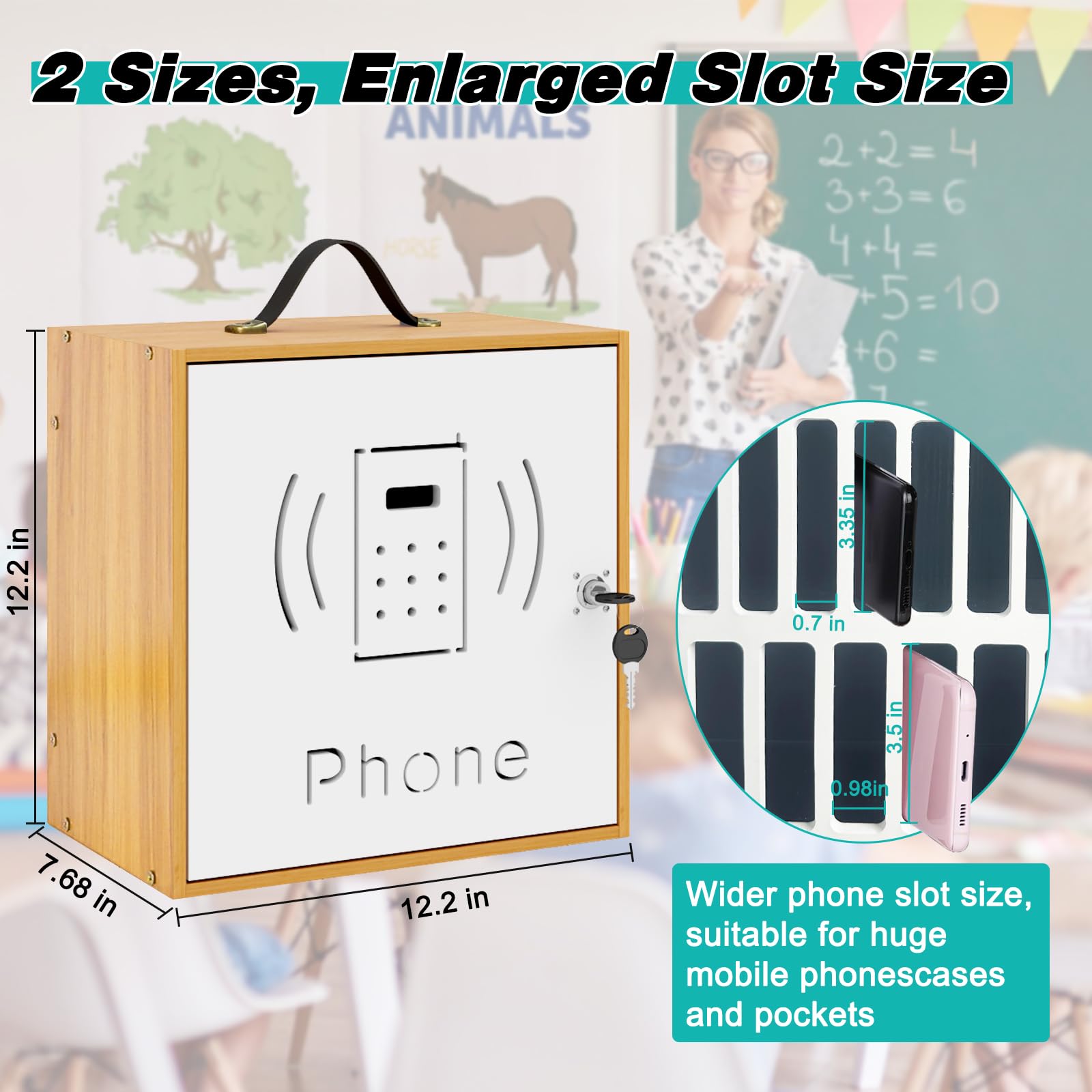 31-Slot Wooden Cell Phone Storage Cabinet with Handle & Security Lock - Cherry Wood Desktop Phone Holder for Classroom, Office, and Home Organization