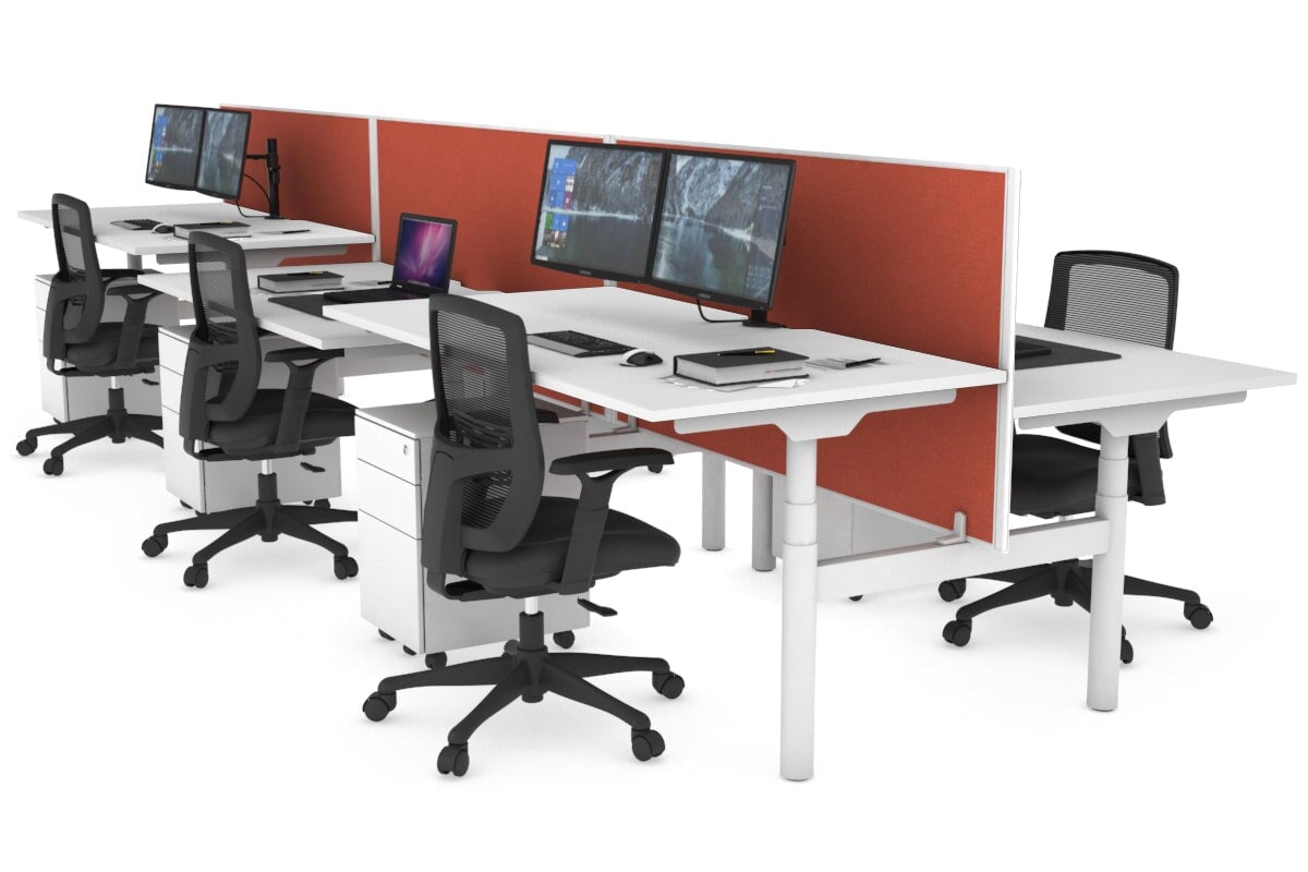 Flexi Premium Height Adjustable 6-Person Office Workbench | White Frame H-Shaped Desk [1400L x 800W with Cable Management] for Collaborative Workspaces & Open Office Environments