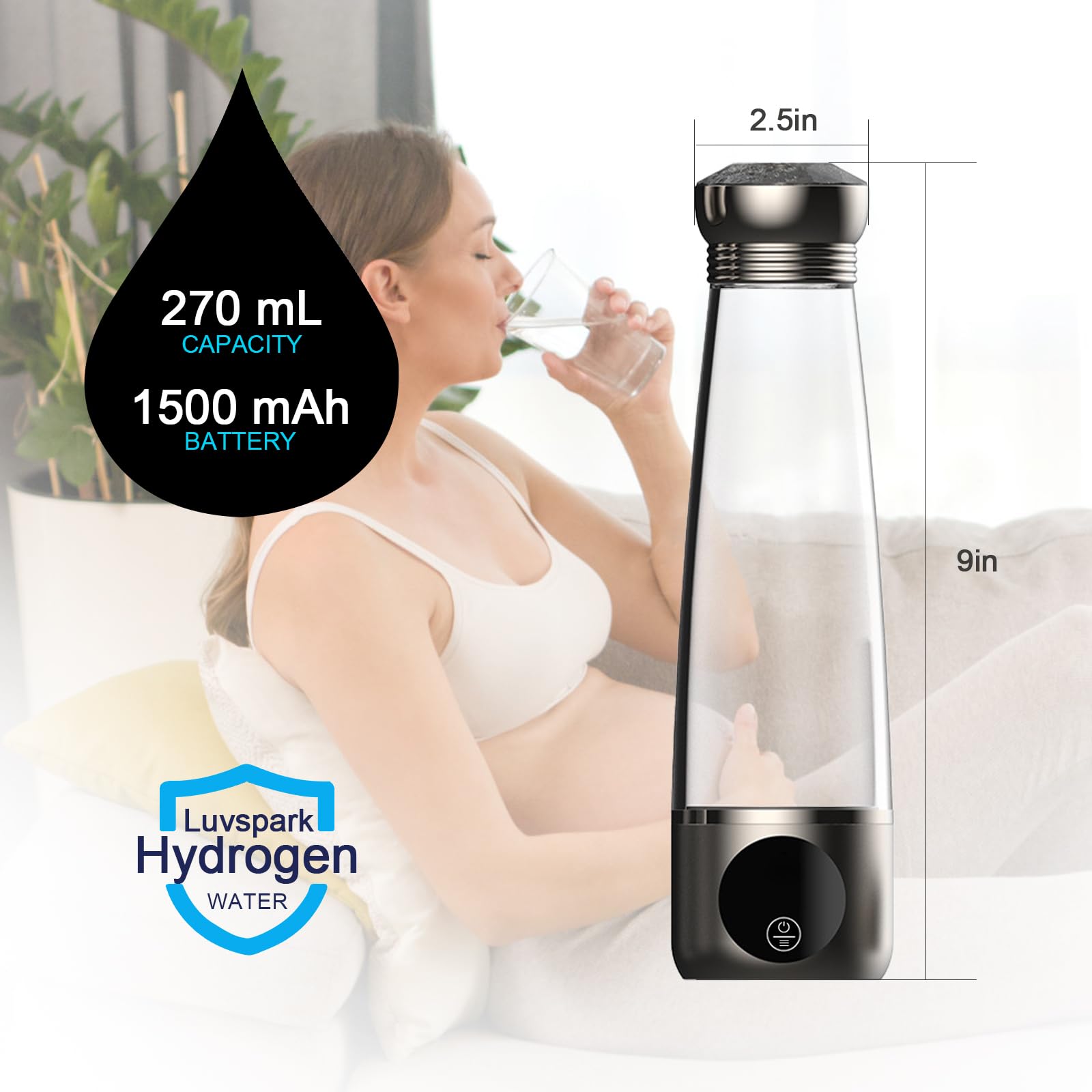 Hydrogen Water Bottle 3000ppb with PEM/SPE Tech for Home & Travel