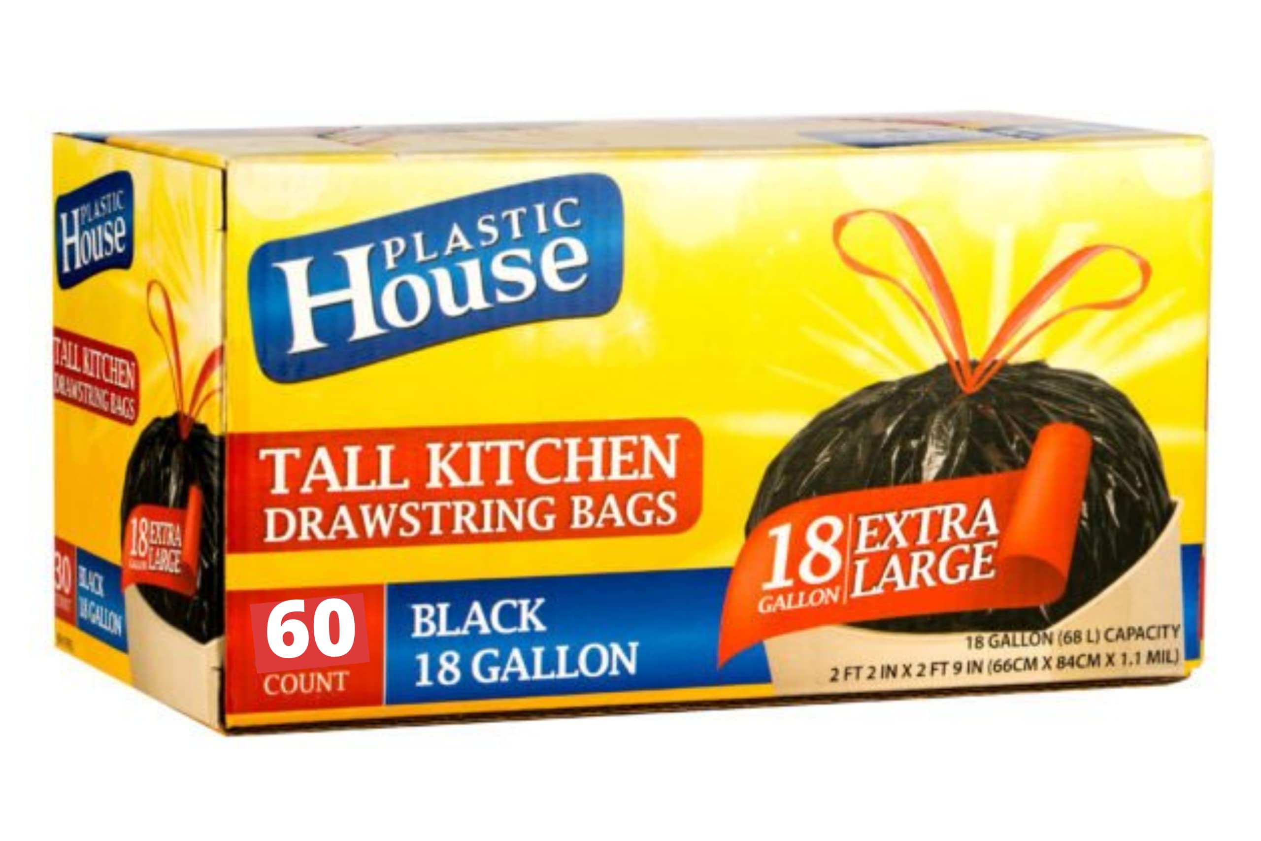 18 Gallon 60 Count Heavy Duty Drawstring Trash Bags - Large Black Garbage Can Liners for Kitchen, Home & Lawn Waste - Multipurpose Strong Trash Bags for Daily Use, Yard Cleanup & Commercial Spaces