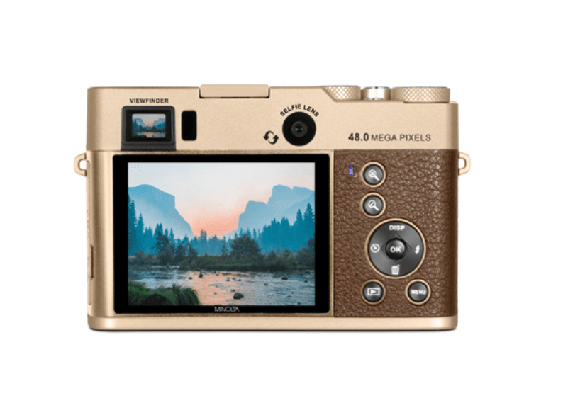 MINOLTA MND70 Retro 48MP Autofocus Camera - 5K Ultra HD Dual Lens with WiFi (Gold/Brown) - Perfect for Travel Photography & Vlogging
