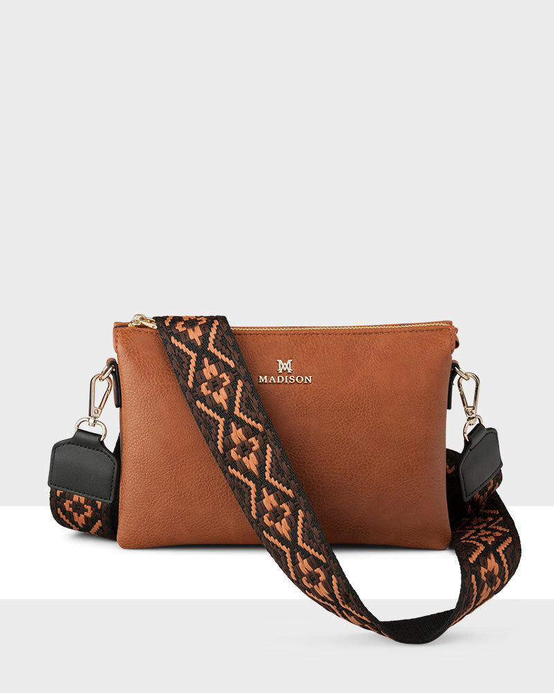 Avery 3 Compartment Crossbody Bag with Adjustable Aztec Print Strap - Stylish Hands-Free Purse for Women, Travel, Shopping & Daily Essentials