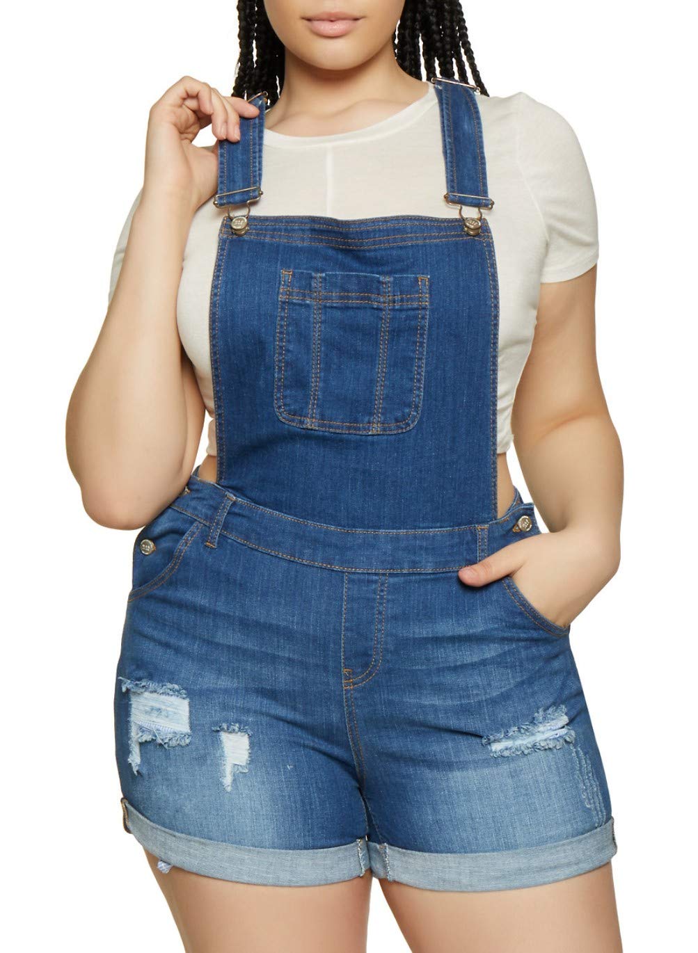 Jack & David Women's Plus Size Distressed Denim Overalls - Curvy Fit Skinny Overalls Shorts for Casual Wear & Summer Outfits | Vintage Style Denim Shorts for Women | Perfect for Street Style, Music Festivals & Everyday Fashion