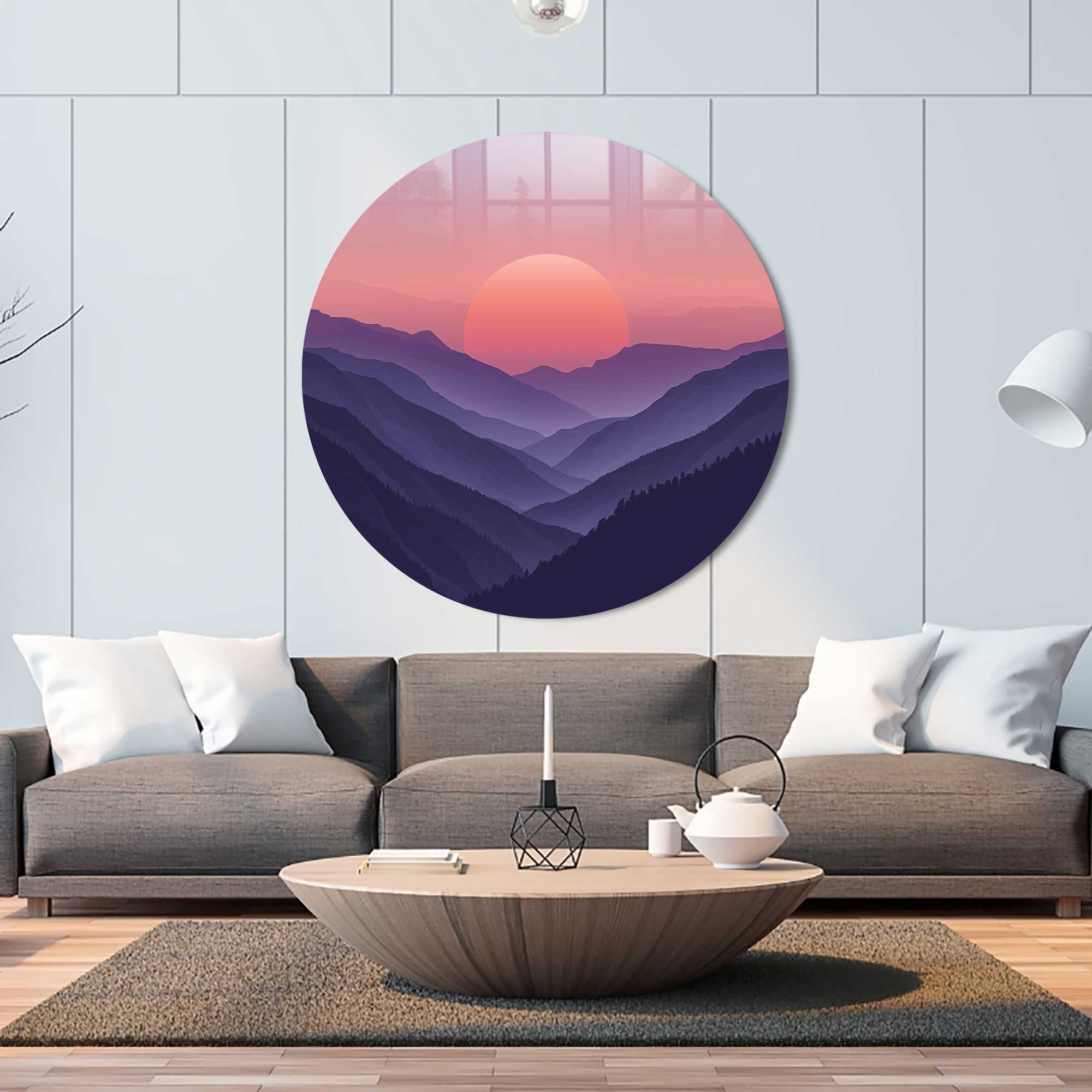 Sunset Beyond the Mountains Round Glass Wall Art - Elegant Home Decor for Living Room, Bedroom & Office