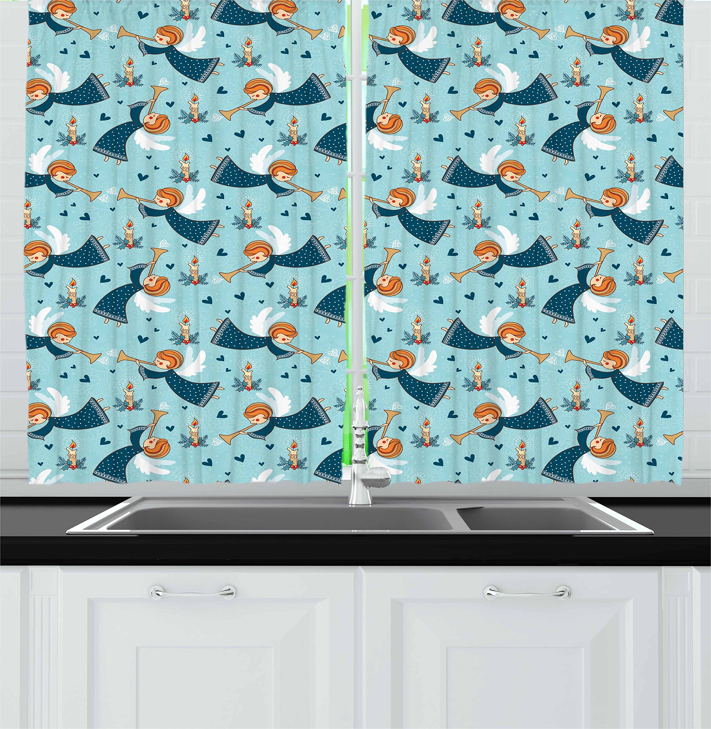 Ambesonne Christmas Kitchen Curtains - Winged Holiday Character with Trumpet & Candles in Sky, 2 Panel Window Drapes Set (55