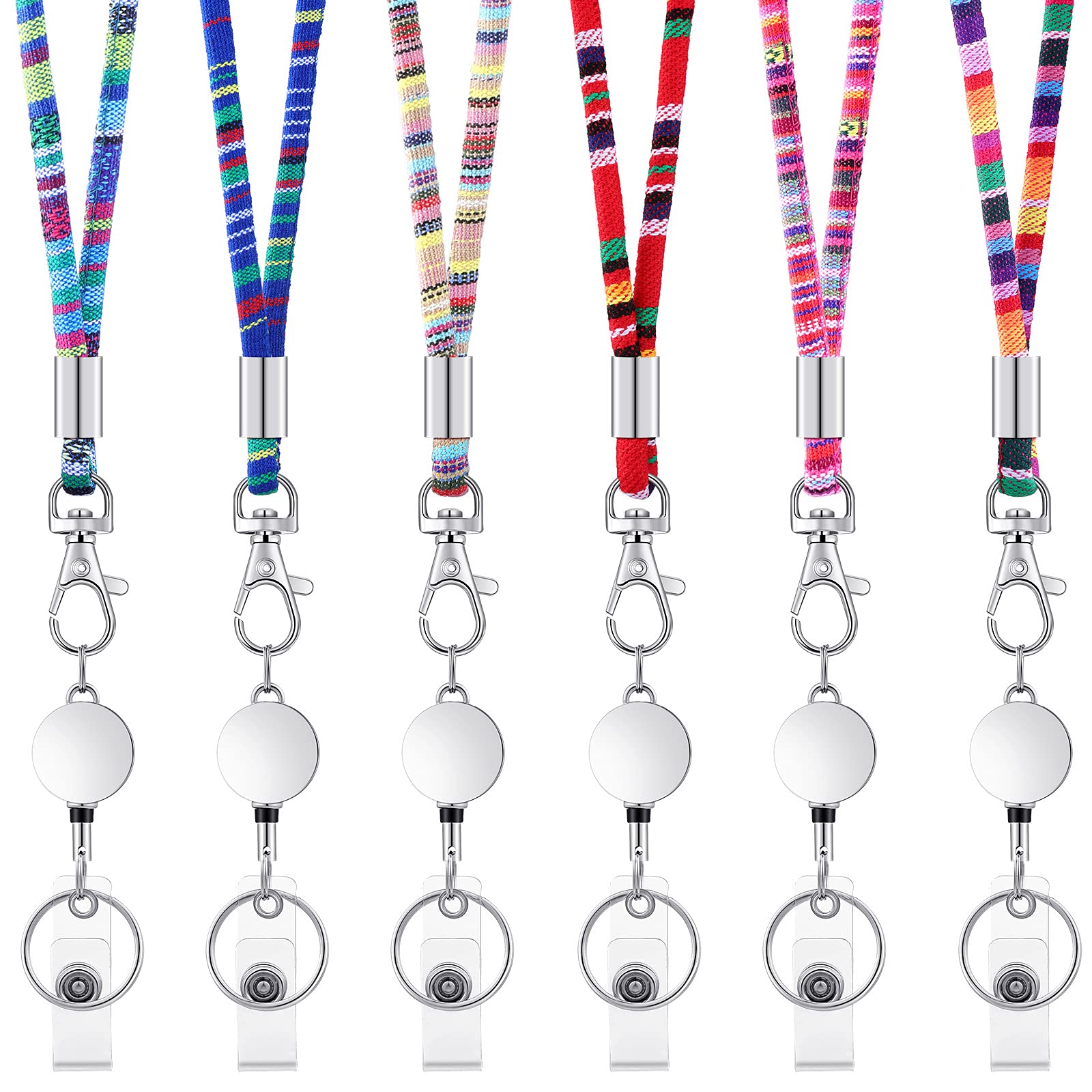 6 Pcs Boho Lanyards with Retractable Reels - Colorful ID Badge Holders for Work & Events
