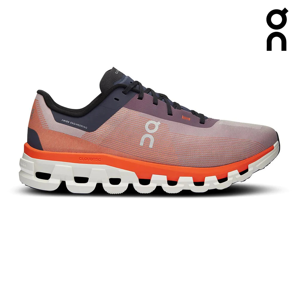 ON Men's Cloudflow 4 Running Shoes - Lightweight & Breathable for Marathon Training - Quartz/Flame Color - Perfect for Road Running, Jogging & Gym Workouts