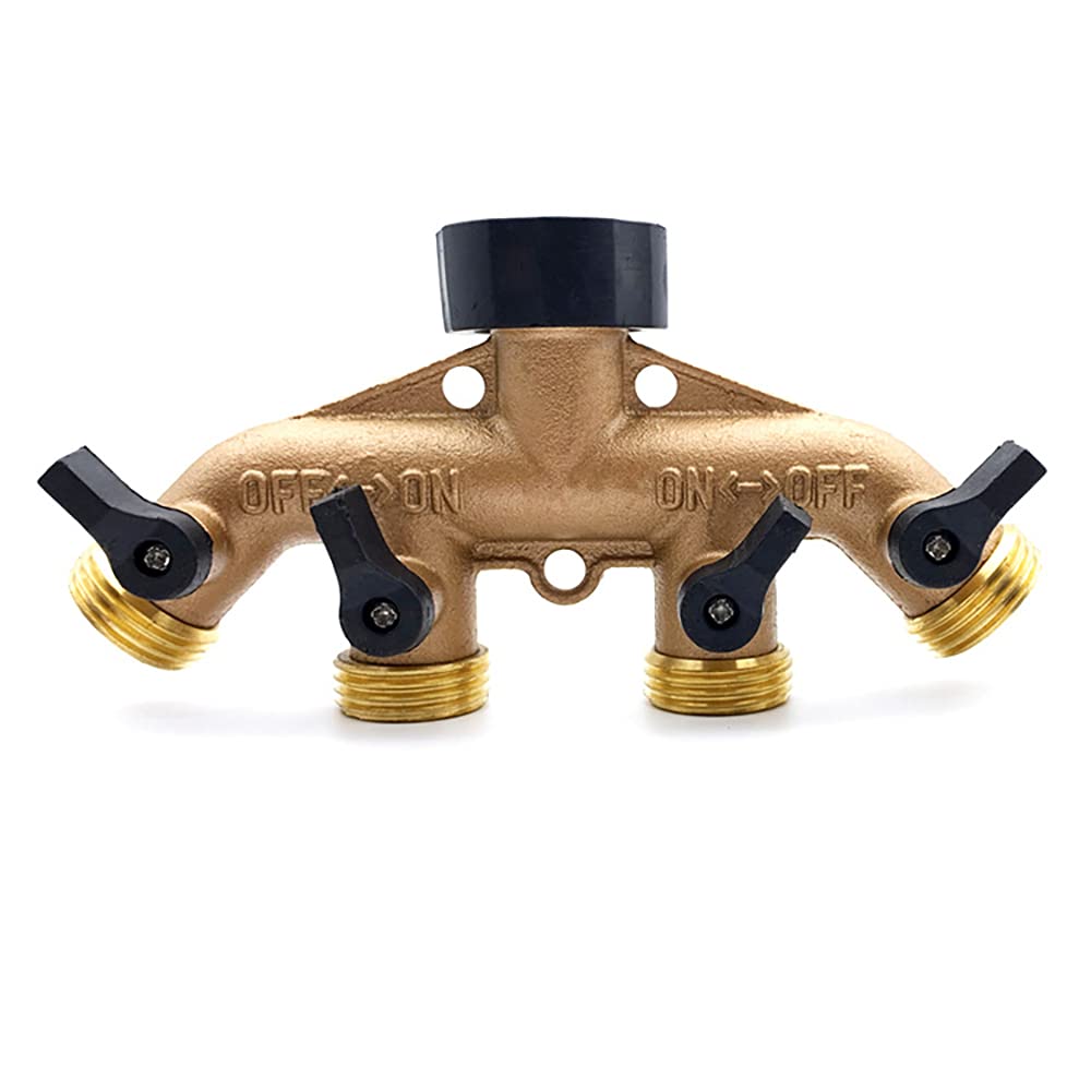 4-Way Heavy Duty Brass Garden Hose Splitter with Individual On/Off Valves - 3/4
