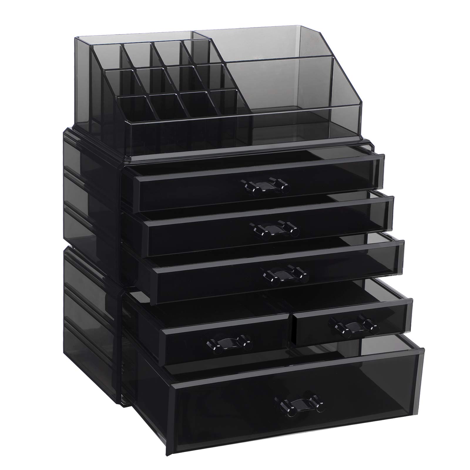 SONGMICS Large Acrylic Makeup Organizer with 6 Stackable Drawers - Cosmetic Storage Box for Eyeshadow Palette, Brushes, Foundation, Lipstick, Nail Polish - Perfect for Vanity, Bathroom & Travel (Black, JKA009BK)