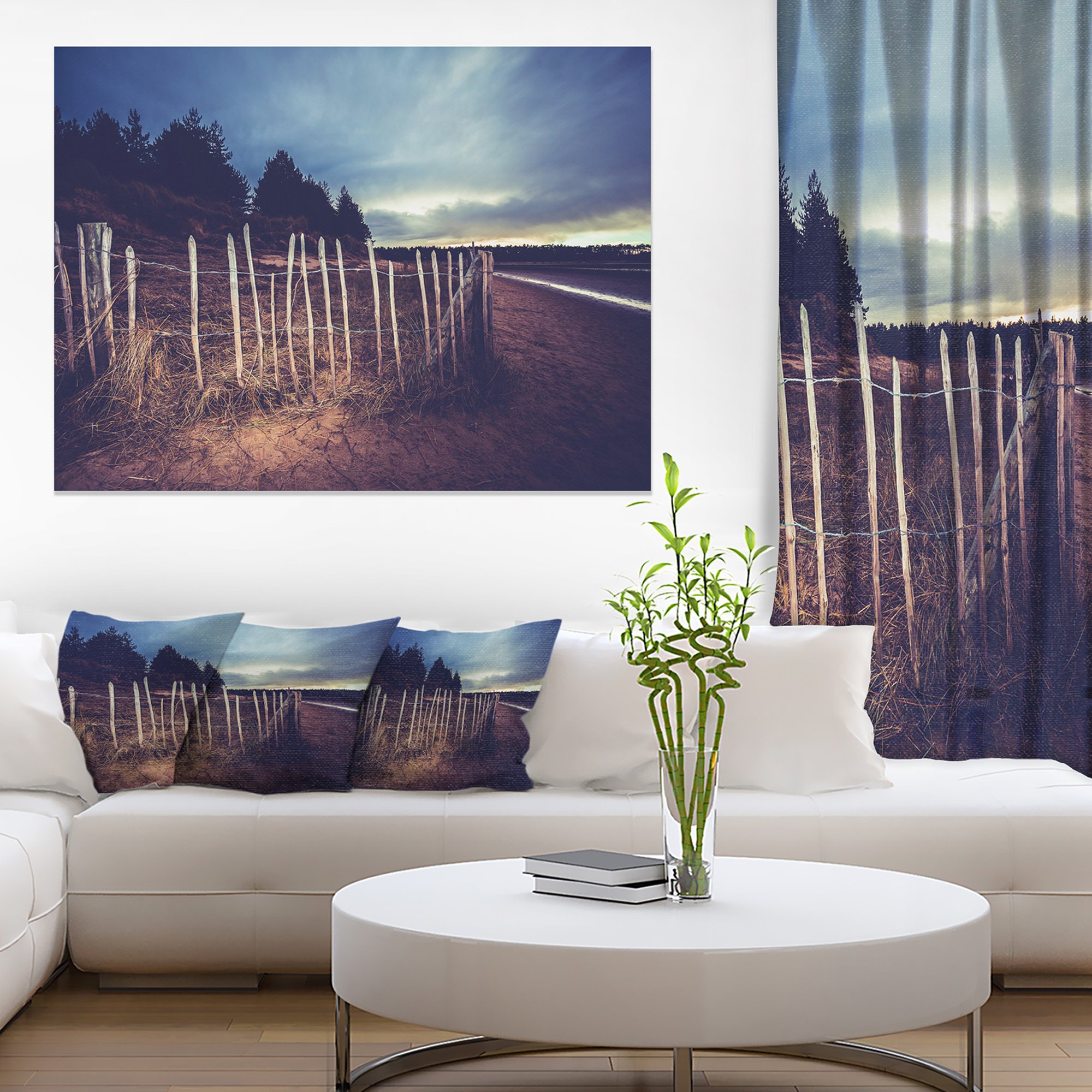 Sunset Beach Fence Landscape Canvas Art Print - Coastal Wall Decor for Living Room, Bedroom & Office