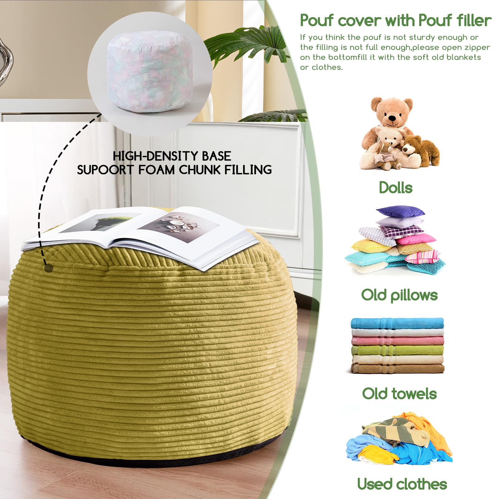MAXYOYO Round Stuffed Pouf Ottoman - Corduroy Foam-Filled Footrest & Seating, 20 x 15 Inches, Green - Perfect for Living Room, Bedroom & Nursery Decor