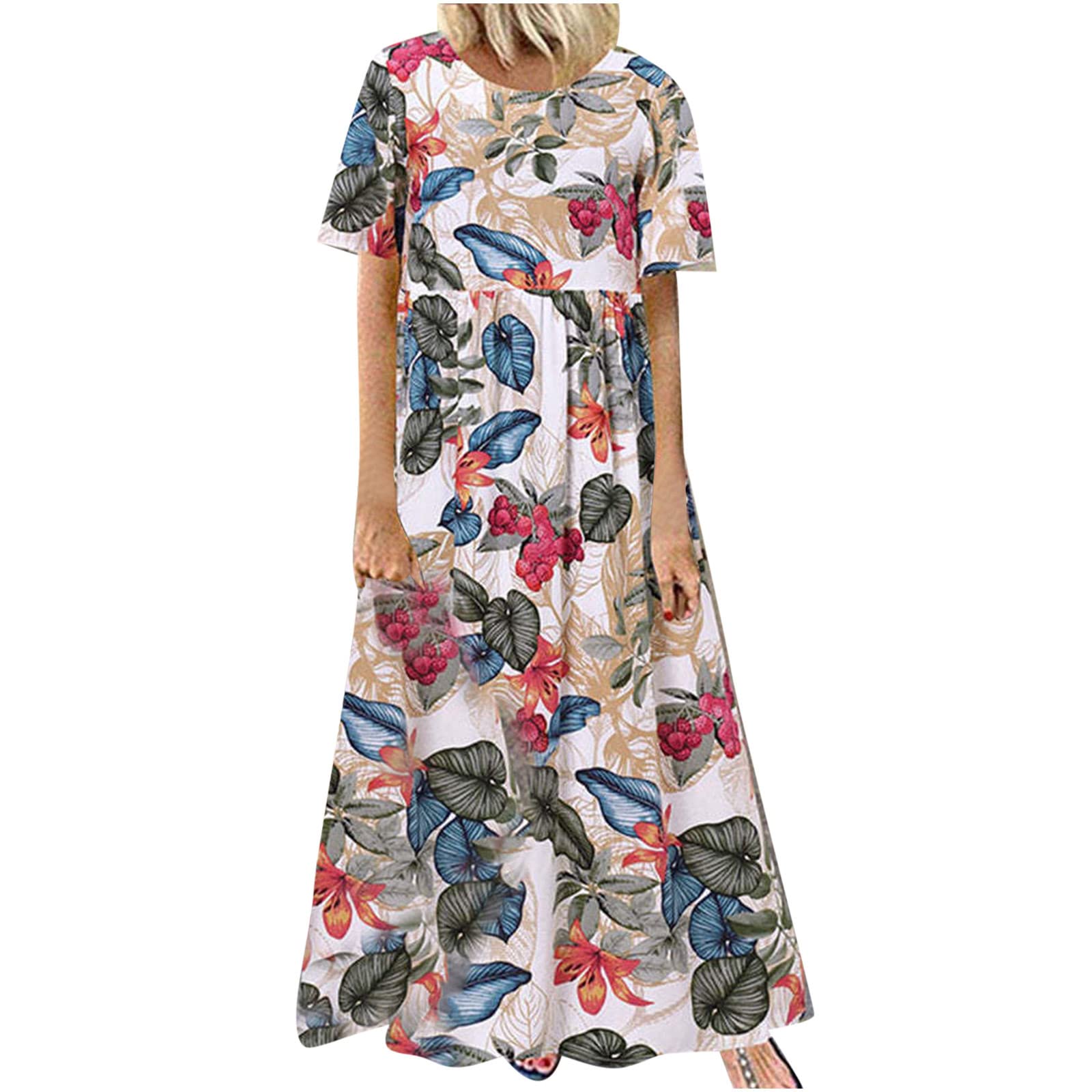 Women's Maxi Long Kaftan Dress - Short Sleeve Oversized Floral Summer Beach Dress with Pockets | Casual Loose Fit for Vacation, Poolside, and Boho Fashion