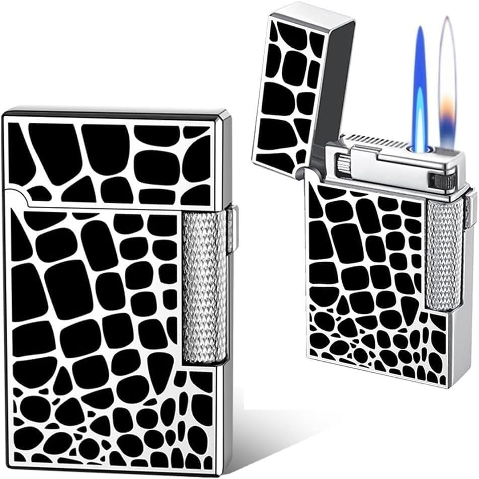Windproof Dual Flame Butane Lighter - Jet & Soft Flame Adjustable Torch Lighter with Refillable Tank & Metal Body - Perfect for Outdoor Camping, BBQ, Cigars & Gifts for Men (Silver)