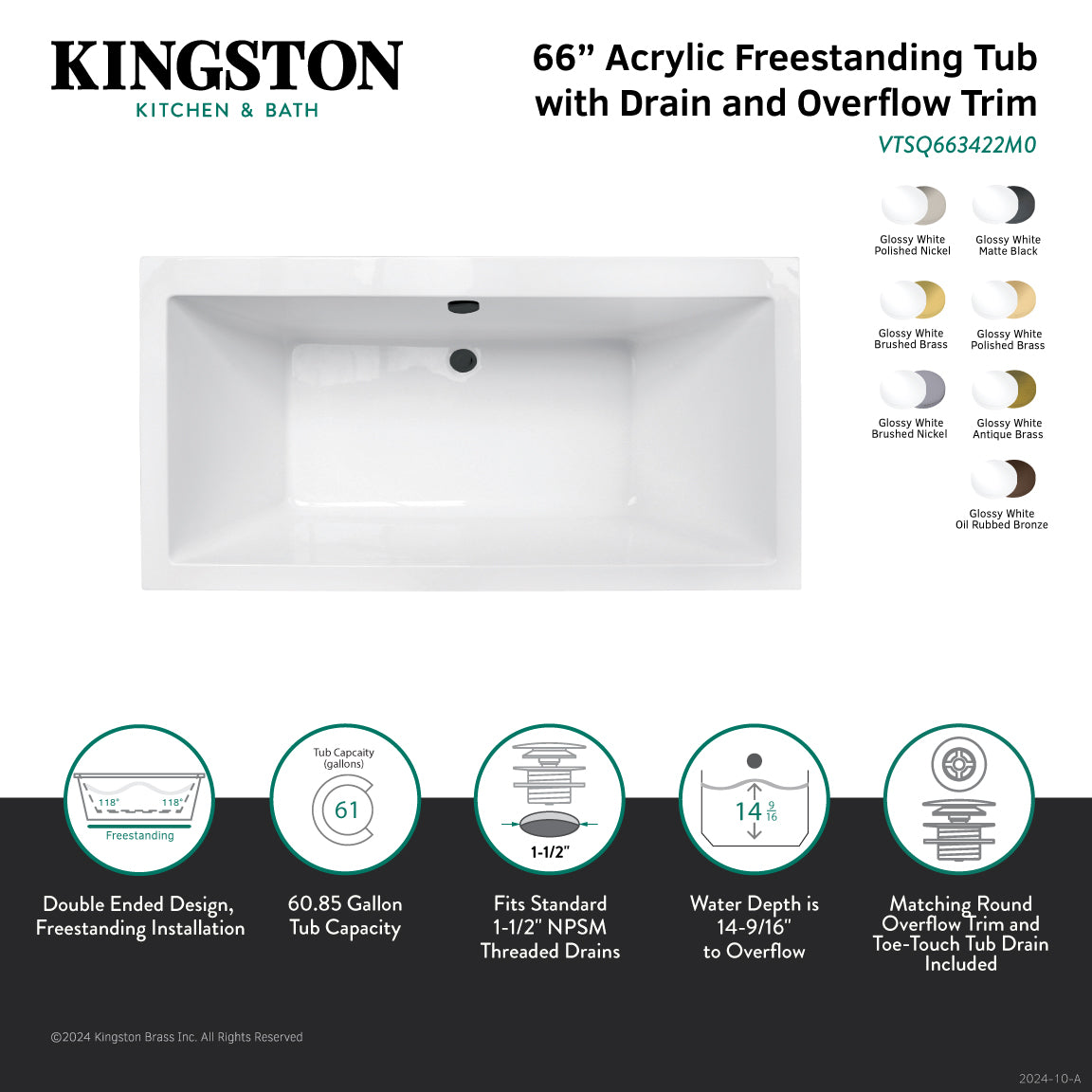 Aqua Eden 66 Inch Acrylic Freestanding Bathtub - Rectangular Double Ended Soaking Tub with Overflow Drain, Glossy White & Antique Brass Finish | Perfect for Luxury Bathroom, Spa Retreat & Modern Home Decor