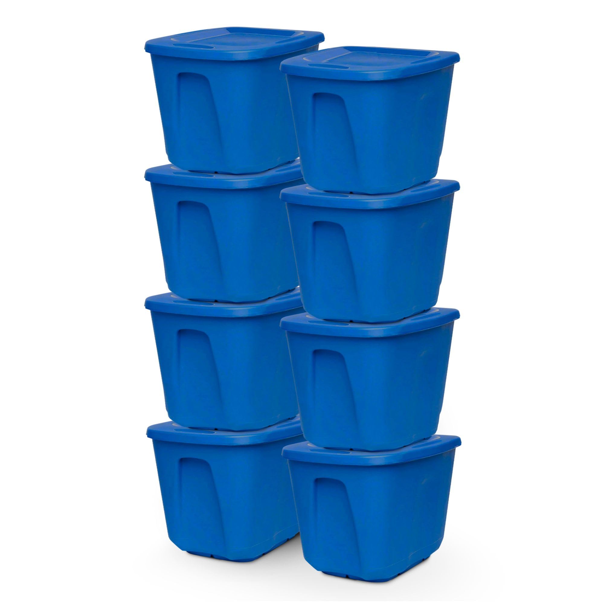 HOMZ 8-Pack Heavy Duty Plastic Storage Bins - 10 Gallon Organizing Containers for Home, Garage & Closet - Durable Stackable Blue Bins for Toys, Clothes & Household Items