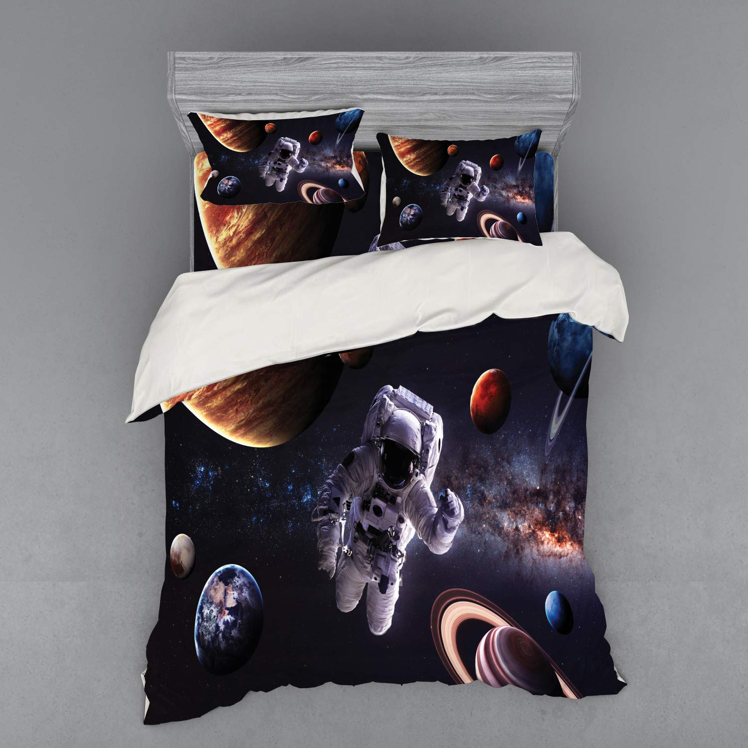 Ambesonne Outer Space Bedding Set - Queen Size 4-Piece Duvet Cover Set with Shams & Fitted Sheet, Astronaut Between Planets Mars Neptune Jupiter Plasma Ethereal Sphere Design, Multicolor - Perfect for Sci-Fi Lovers & Space Themed Bedrooms
