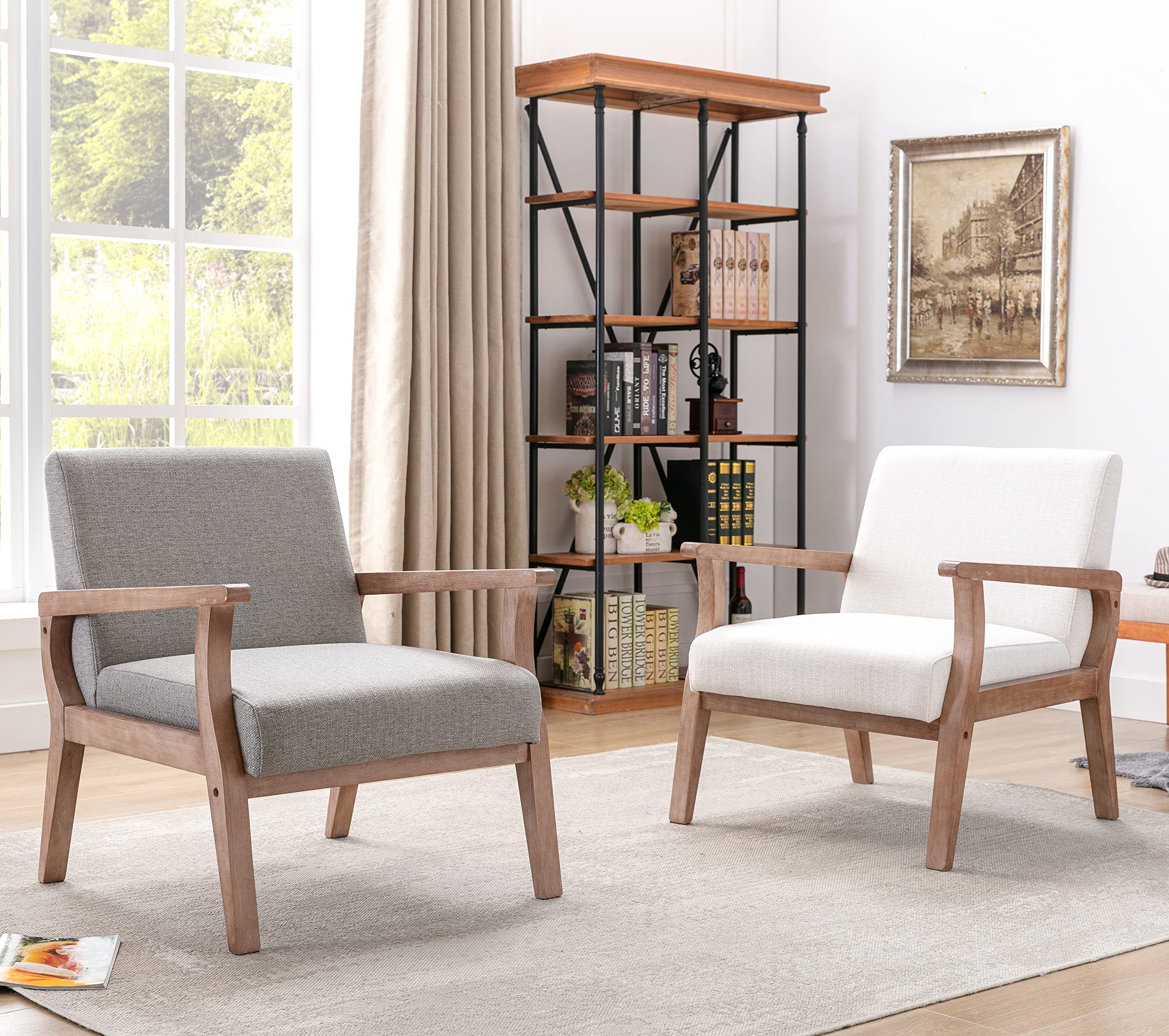 Mid Century Modern Accent Chairs Set of 2 - Solid Wood Frame & Linen Upholstery - Grey Living Room Armchairs for Home, Bedroom & Office - Perfect for Lounge, Reading Nook & Guest Seating