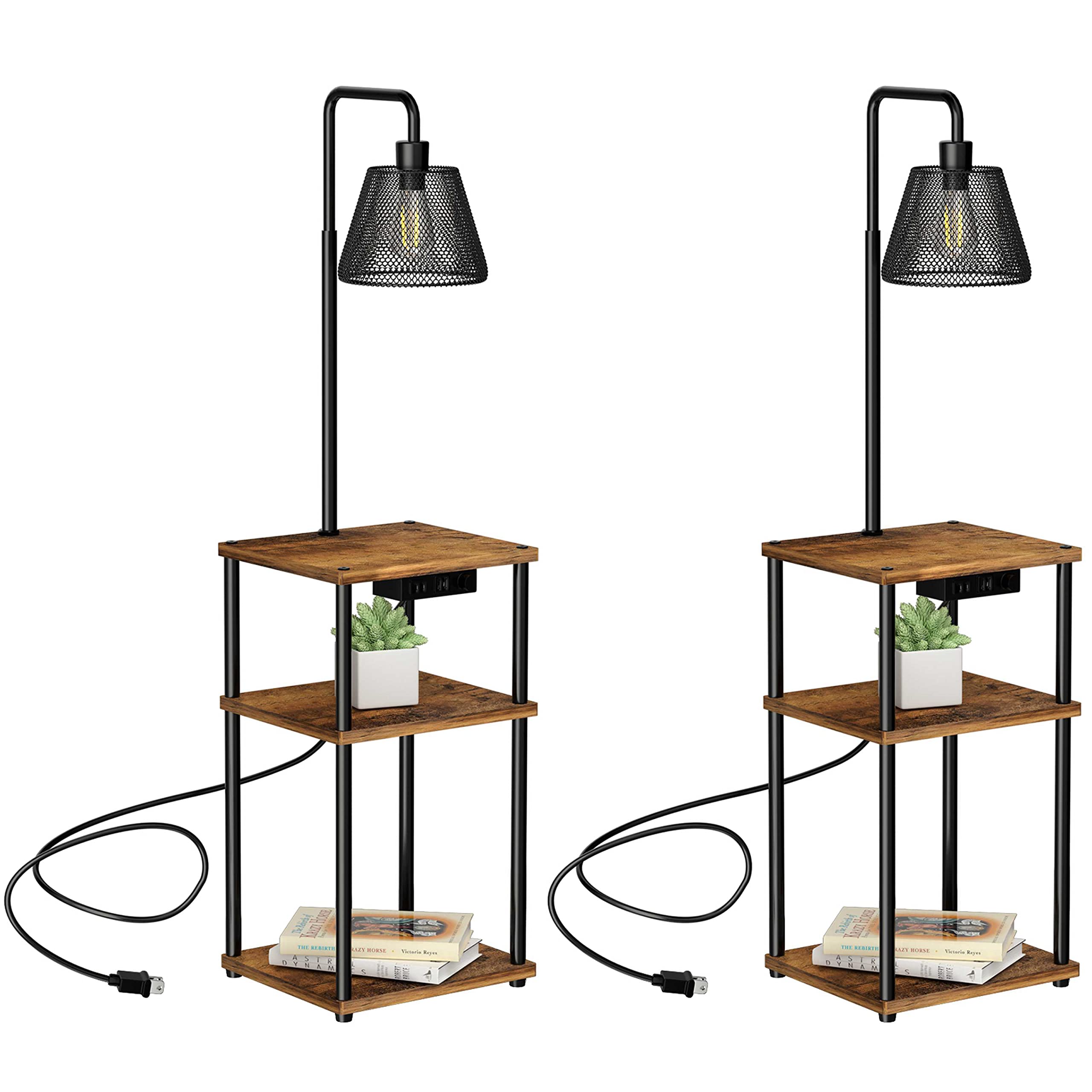 Modern Floor Lamp with Side Table - USB Charging Port & Outlet, Adjustable Bedside Nightstand End Table with Built-in Light for Living Room, Bedroom, Guest Room - Includes LED Bulbs (2 Pack) - Perfect for Reading, Working & Charging Devices