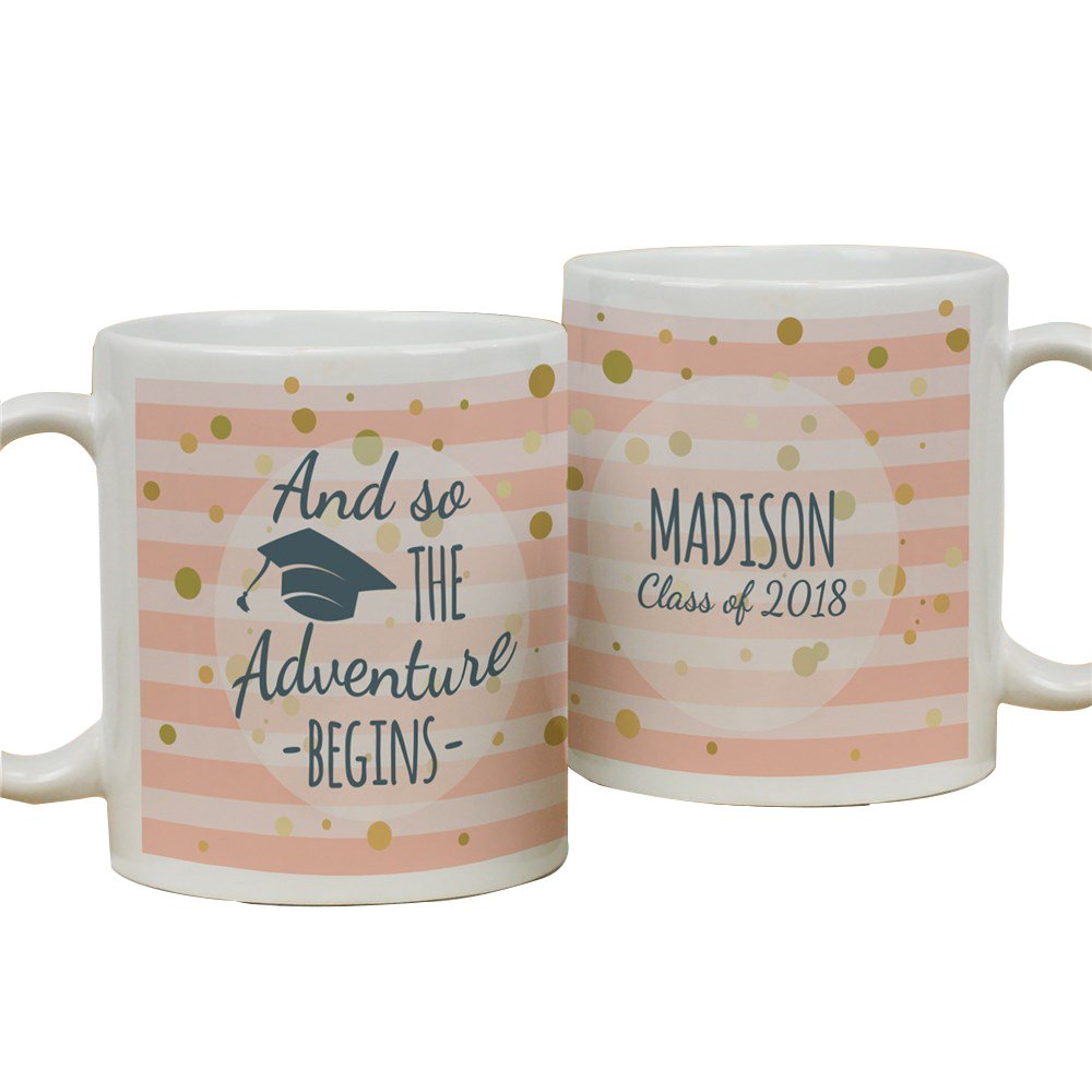 Personalized Graduation Ceramic Mug - Custom Class of 2019 Coffee Cup with 'Adventure Begins' Design - Unique Grad Gift for High School & College Graduates - Perfect for Morning Coffee, Office Use & Sentimental Keepsakes