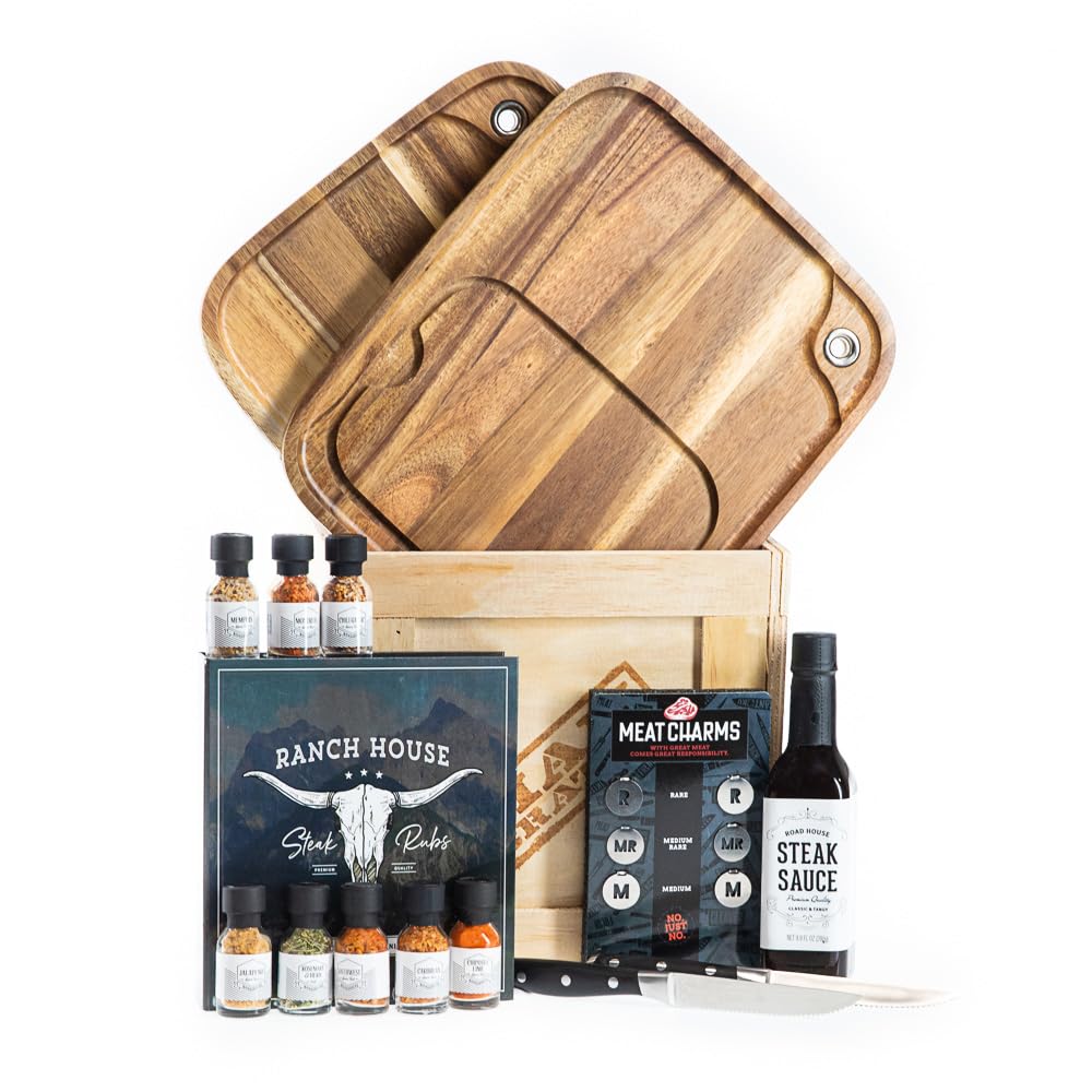 Man Crates Steak Night Crate - Premium Solid Wood Steak Plates, Professional Stainless Steel Knives, Unique Steak Charms & Gourmet Seasonings - Ultimate Steak Lover Gift Set for BBQ, Grilling & Special Occasions