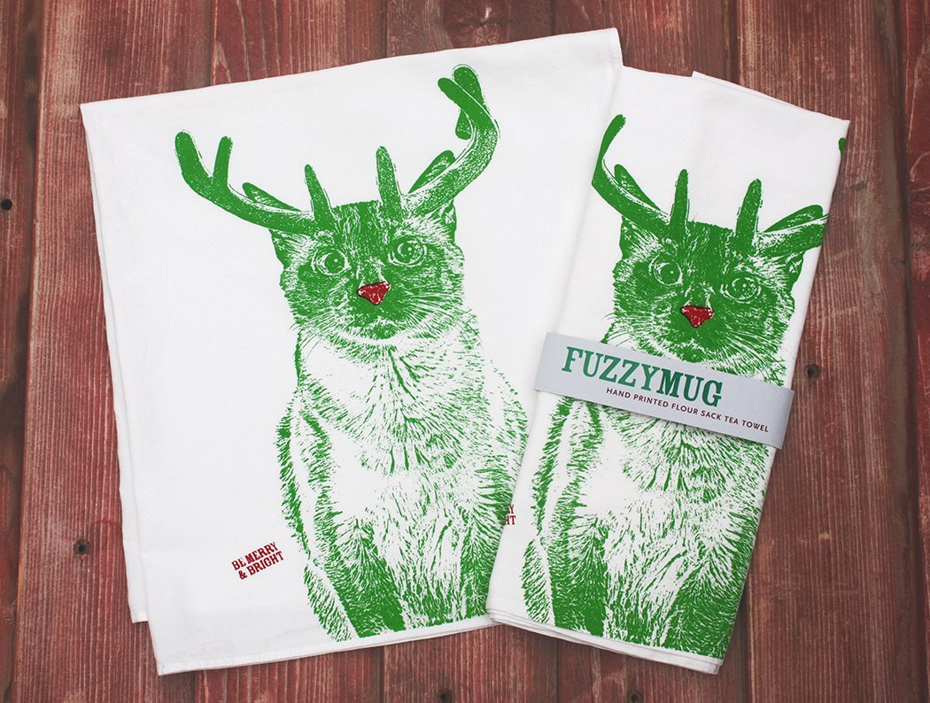 Christmas Cat Tea Towel - Hand Printed Holiday Kitchen Towel with Cat & Rudolph Design | Festive Flour Sack Dish Towel for Baking, Cooking & Christmas Decor | Merry & Bright Cat Lover Gift
