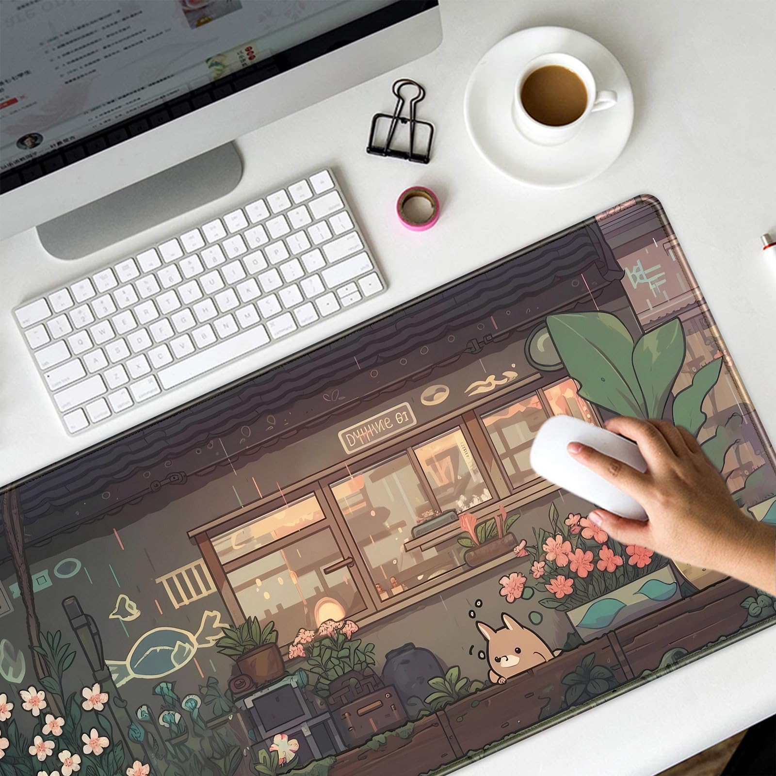 Japanese Anime Kawaii Cat & Green Plants XXL Gaming Mouse Pad - 31.5''x15.7'' Extended Desk Mat for PC, Keyboard & Office Decor | Cute Large Mousepad for Gamers, Anime Fans & Workspace Setup