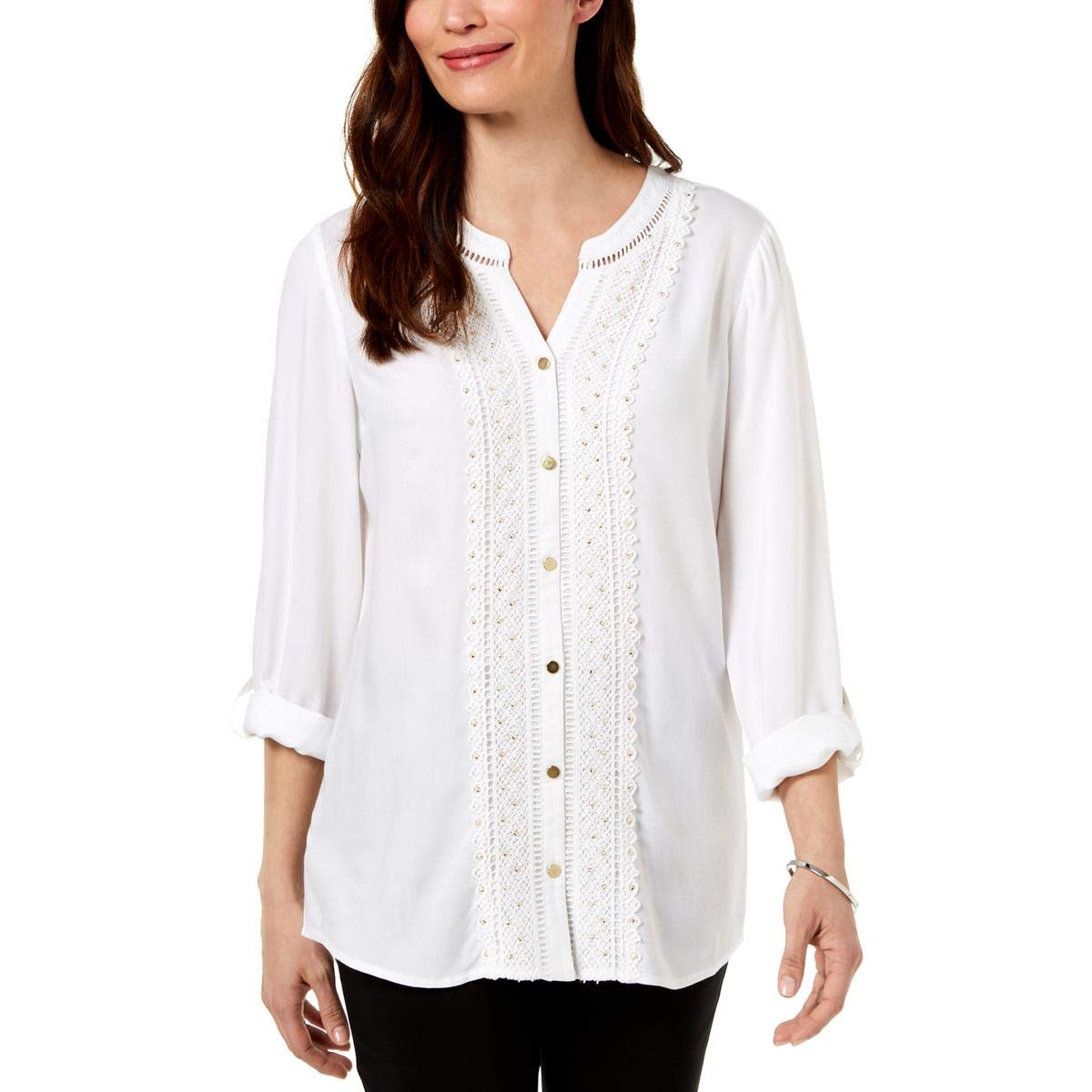 Petite Women's White Crochet Beaded Blouse - Elegant Boho Top for Casual Outings & Summer Parties