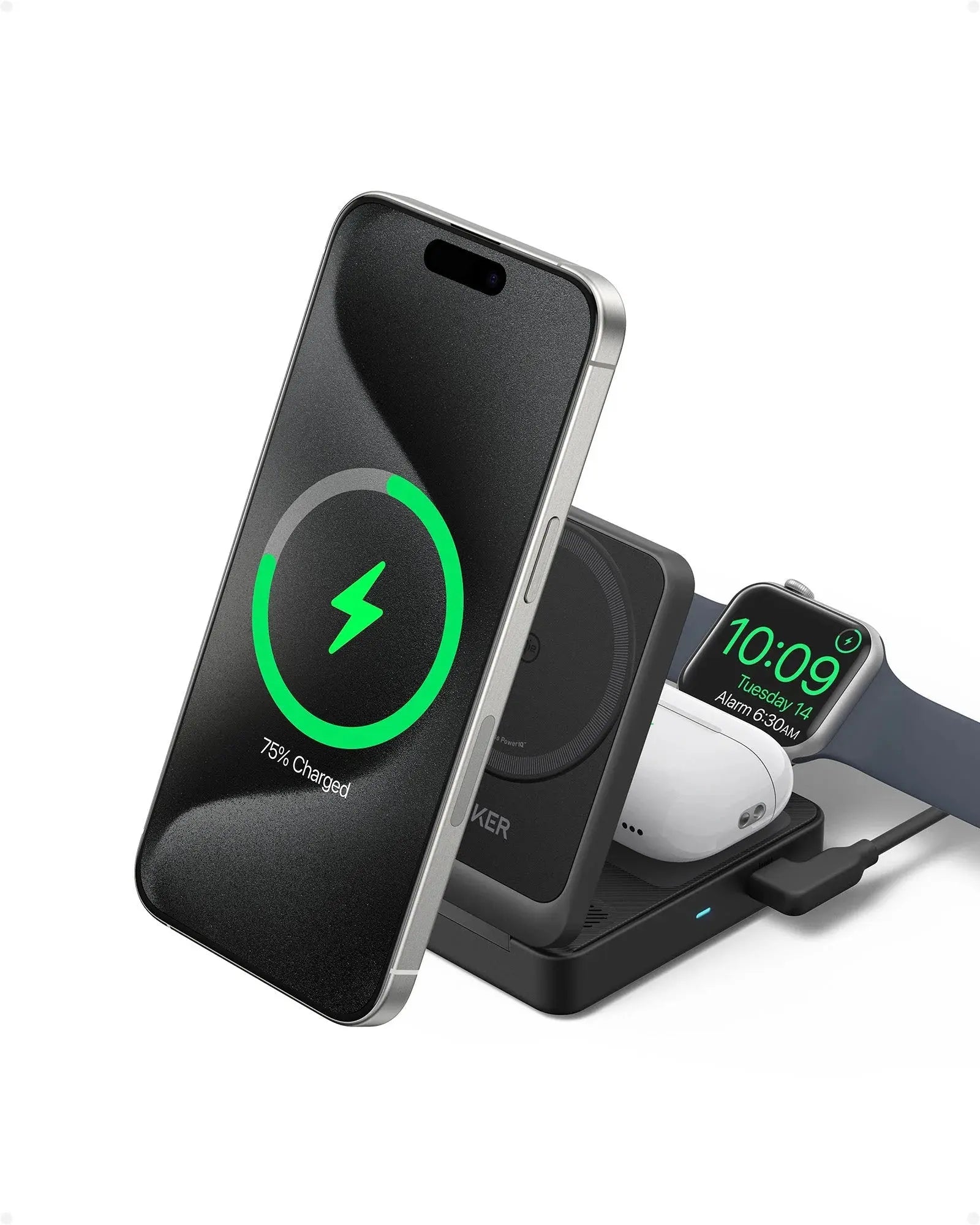 Anker MagGo 15W 3-in-1 Wireless Charging Station with Qi2 Certification | Fast Charging Pad for iPhone 15/14/13, AirPods & Apple Watch | Perfect for Home, Office & Nightstand Use