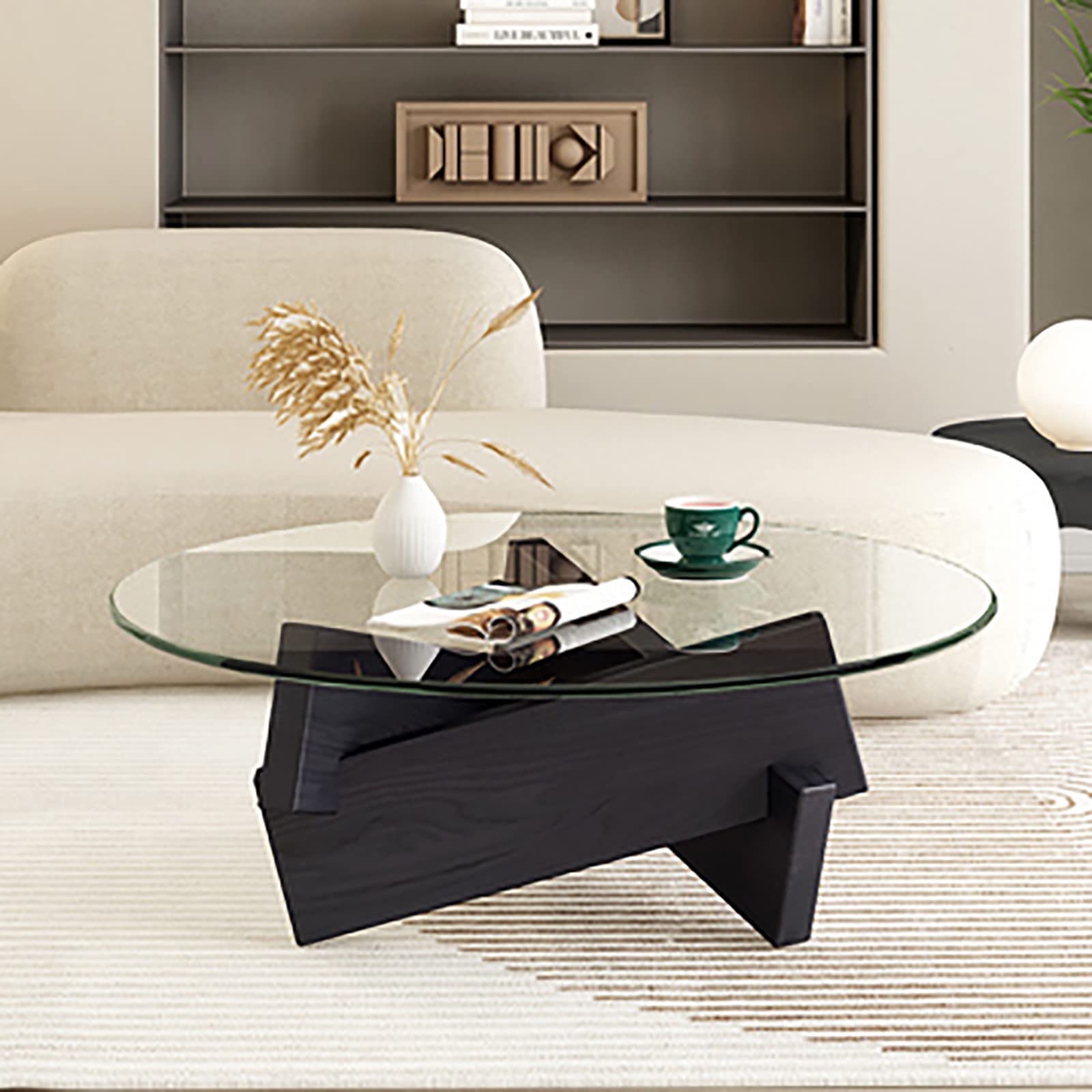 Mid-Century Modern Round Coffee Table with Thickened Glass Top & Wood Base - 31.5