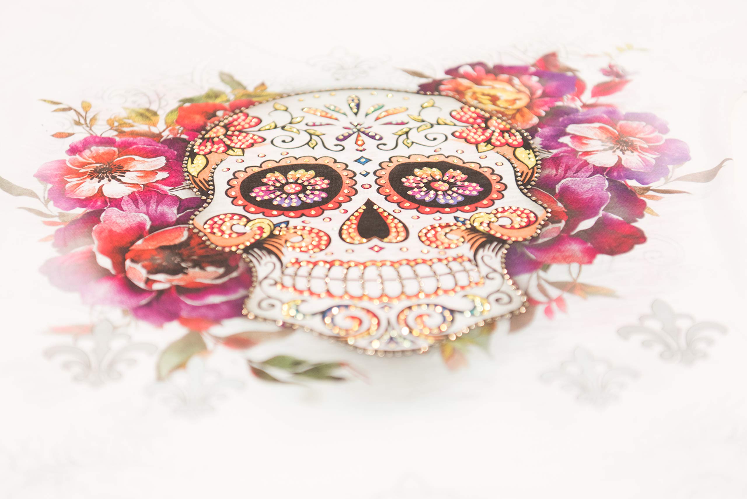USA Made Women's Sugar Skull V-Neck T-Shirt - Rhinestone Decorated Premium Quality Tee for Halloween, Dia de Los Muertos & Gothic Fashion