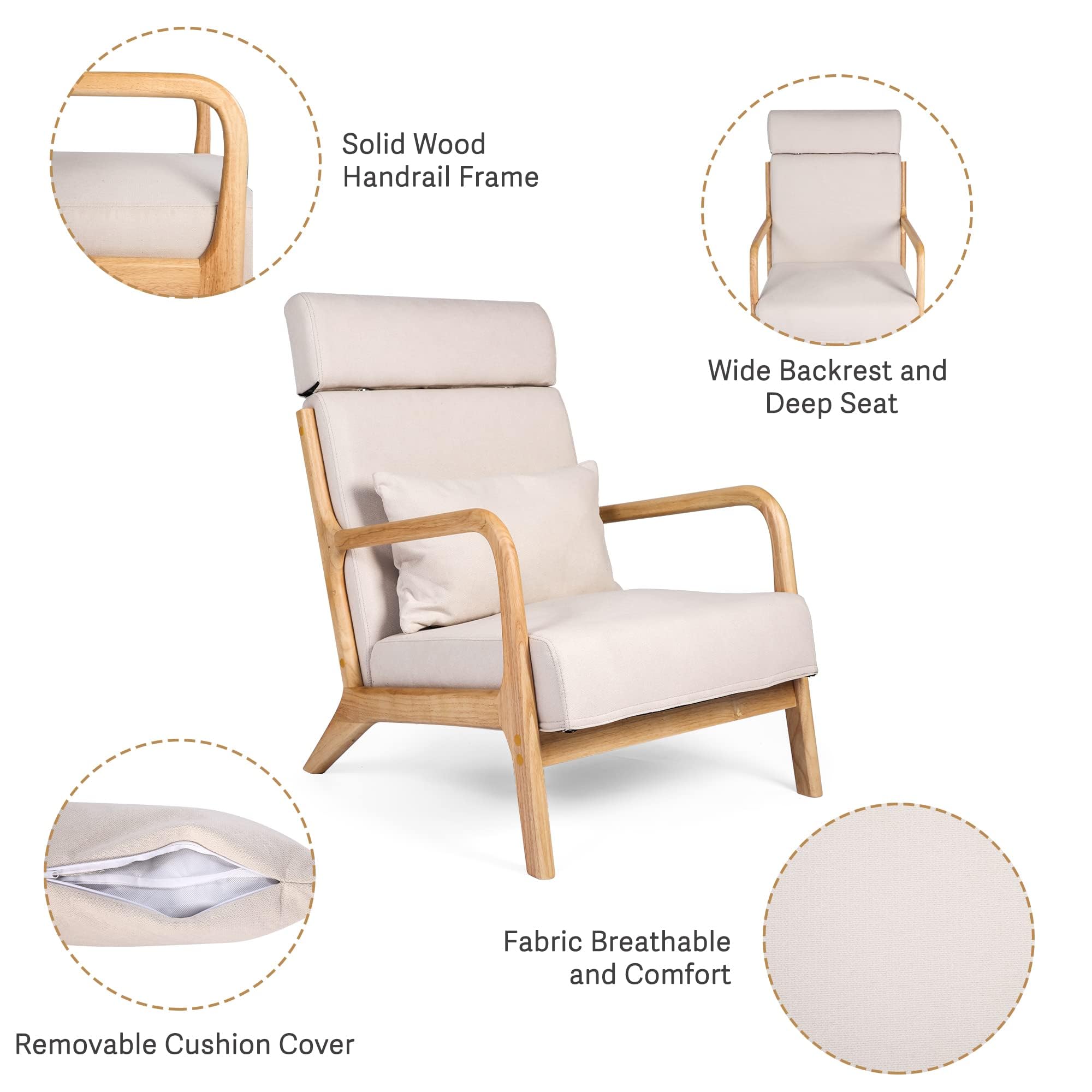 Mid Century Modern Accent Chair with Extendable Headrest - Wood Frame Fabric Armchair, Linen Upholstered Lounge Chair for Living Room, Reading Nook, or Bedroom (Beige) - Perfect for Relaxing, Reading & Adding Stylish Comfort to Your Home