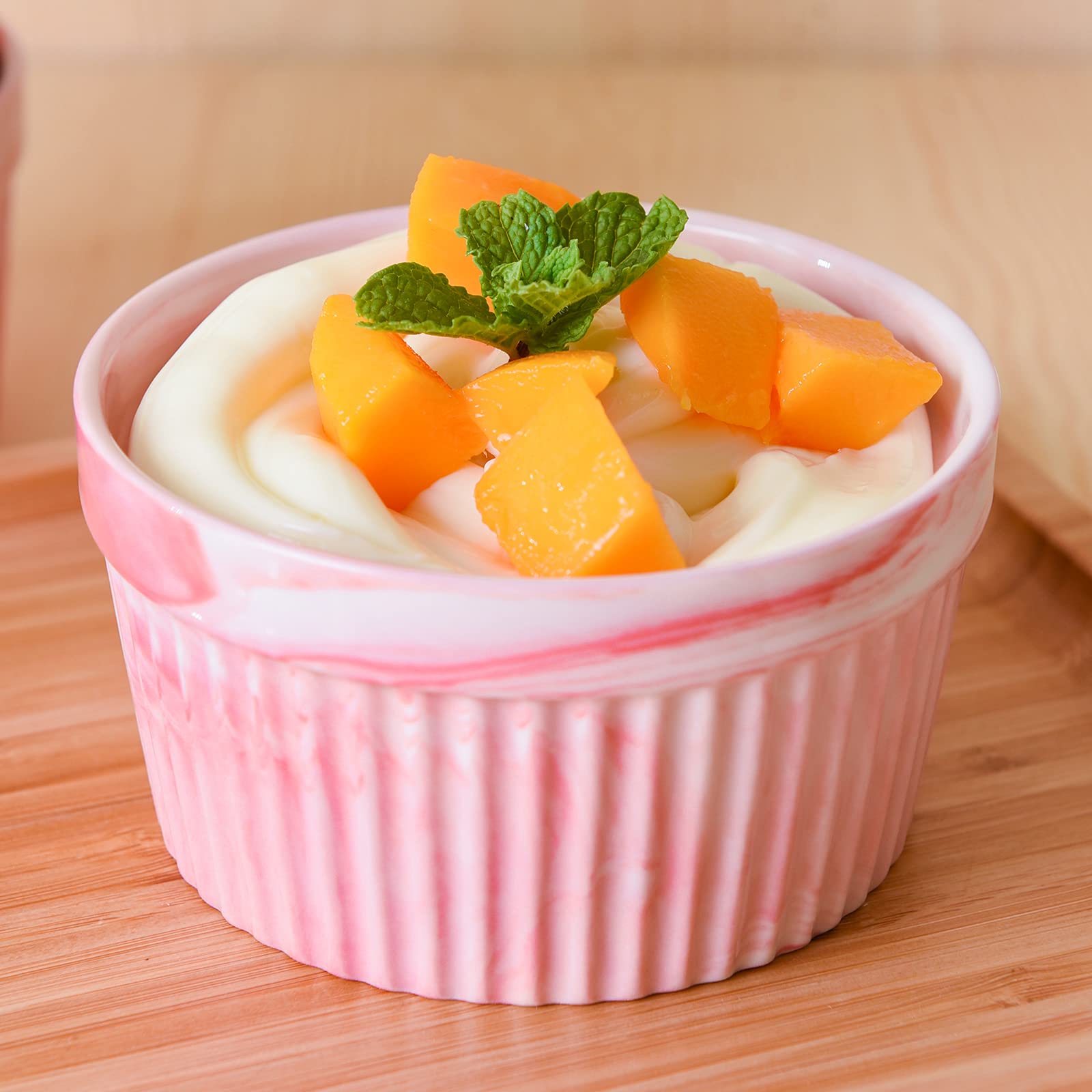 Yundu 8oz Pink Marble Ceramic Ramekins - Oven Safe Baking Bowls for Creme Brulee, Souffle, Desserts (Set of 6) | Perfect for Home Baking, Kitchen Decor & Elegant Dinner Parties