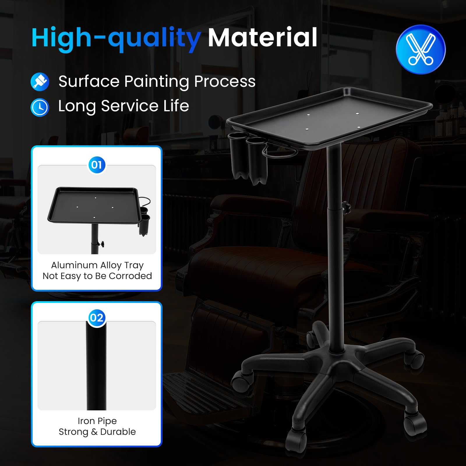 Adjustable Height Mobile Rolling Tray - Salon & SPA Cart with Shelf for Hairdressing, Tattoo Equipment & Medical Instrument Storage - Perfect for Beauty Salons, Tattoo Studios & Medical Clinics (Black)