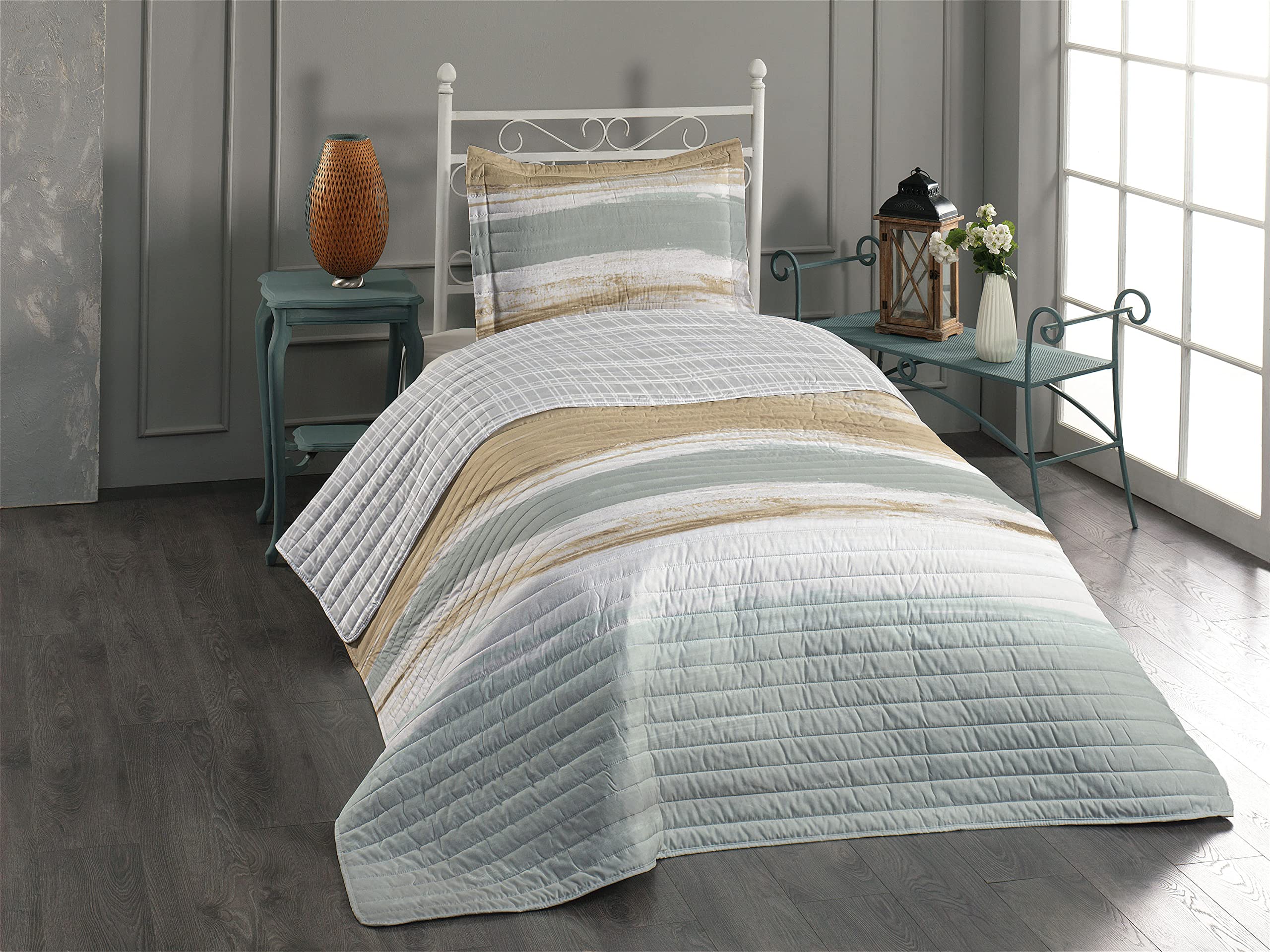 Ambesonne Reversible Grunge Bedspread Set - Watercolor Abstract Art Design with Brush Stroke Effects, Microfiber Comforter & Pillow Shams, Twin Size (Grey Teal Dark Mustard) - Perfect for Modern Bedroom Decor & Bohemian Style Homes