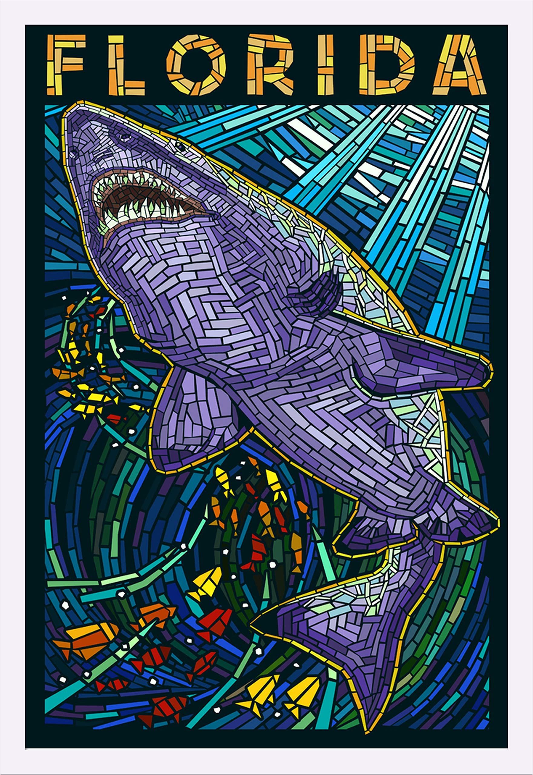 Tiger Shark Paper Mosaic Art Print - Florida 43619 - 24x36 Giclee Gallery Framed White Wood Wall Decor - Perfect for Beach House, Coastal Decor & Ocean Theme Rooms