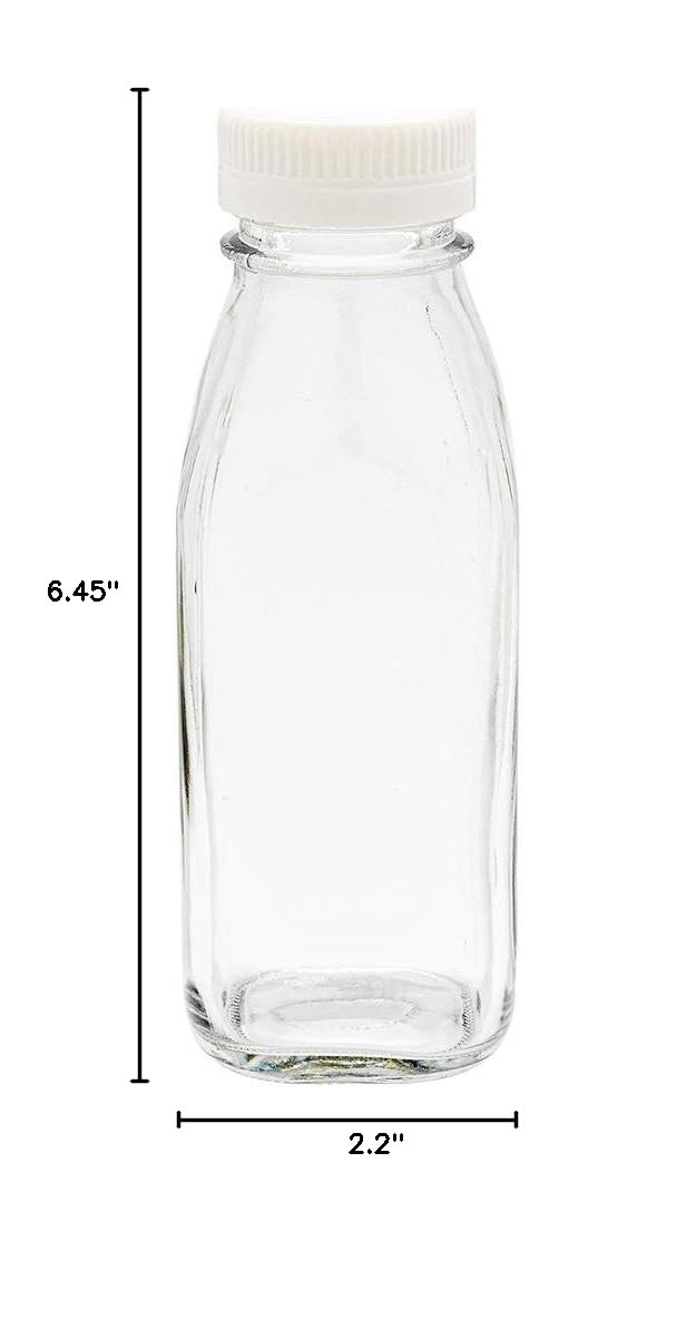 Restaurantware French Countryside 10oz Square Juice Bottles with Tamper-Evident Caps - Clear Reusable Glass Bottles for Smoothies, Milk Tea, Cold Brew & Meal Prep - Perfect for Restaurants, Cafes & Home Use