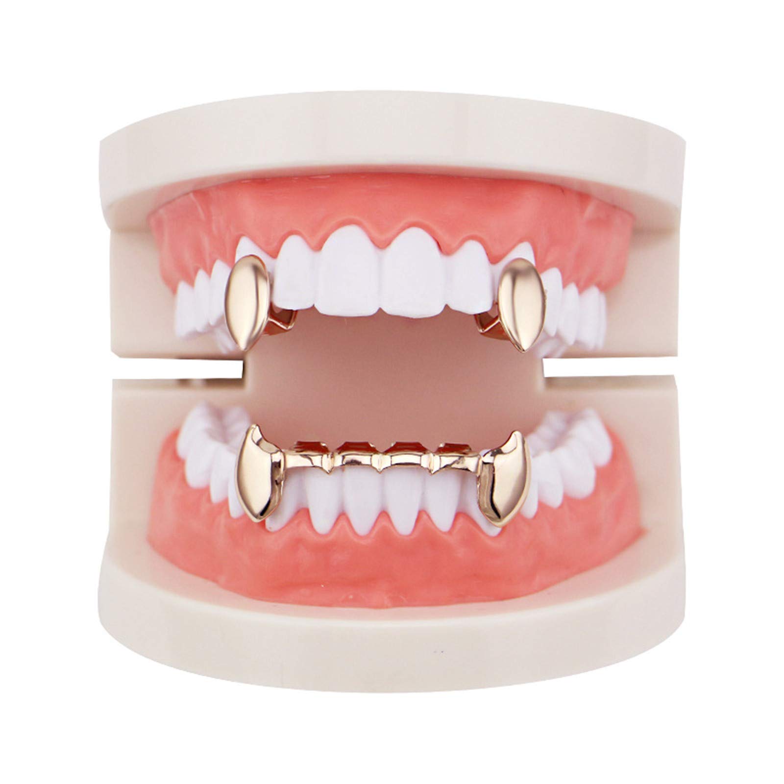 Premium Rose Gold Vampire Dracula Teeth Set - 2 Top Fangs & 6 Bottom Grills for Halloween Costume, Cosplay, and Gothic Fashion Accessories