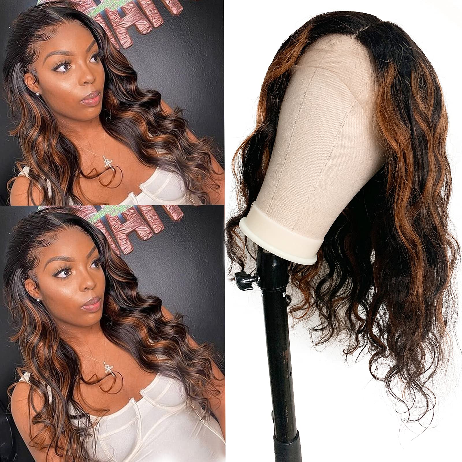 14 Inch T-Part Curly Human Hair Wig - Black & Brown Highlight Lace Front Wig with Baby Hair | Brazilian Virgin Hair, Loose Wave Balayage | Natural Look for Black Women | Perfect for Daily Wear, Parties & Special Events