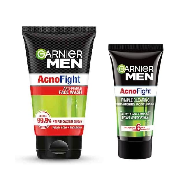 Garnier Men Acno Fight Anti-Pimple Face Wash 100g & Brightening Moisturizer 45g - 2-Piece Acne Treatment Set for Men | Combat Breakouts & Improve Skin Tone | Daily Skincare Routine for Oily & Acne-Prone Skin