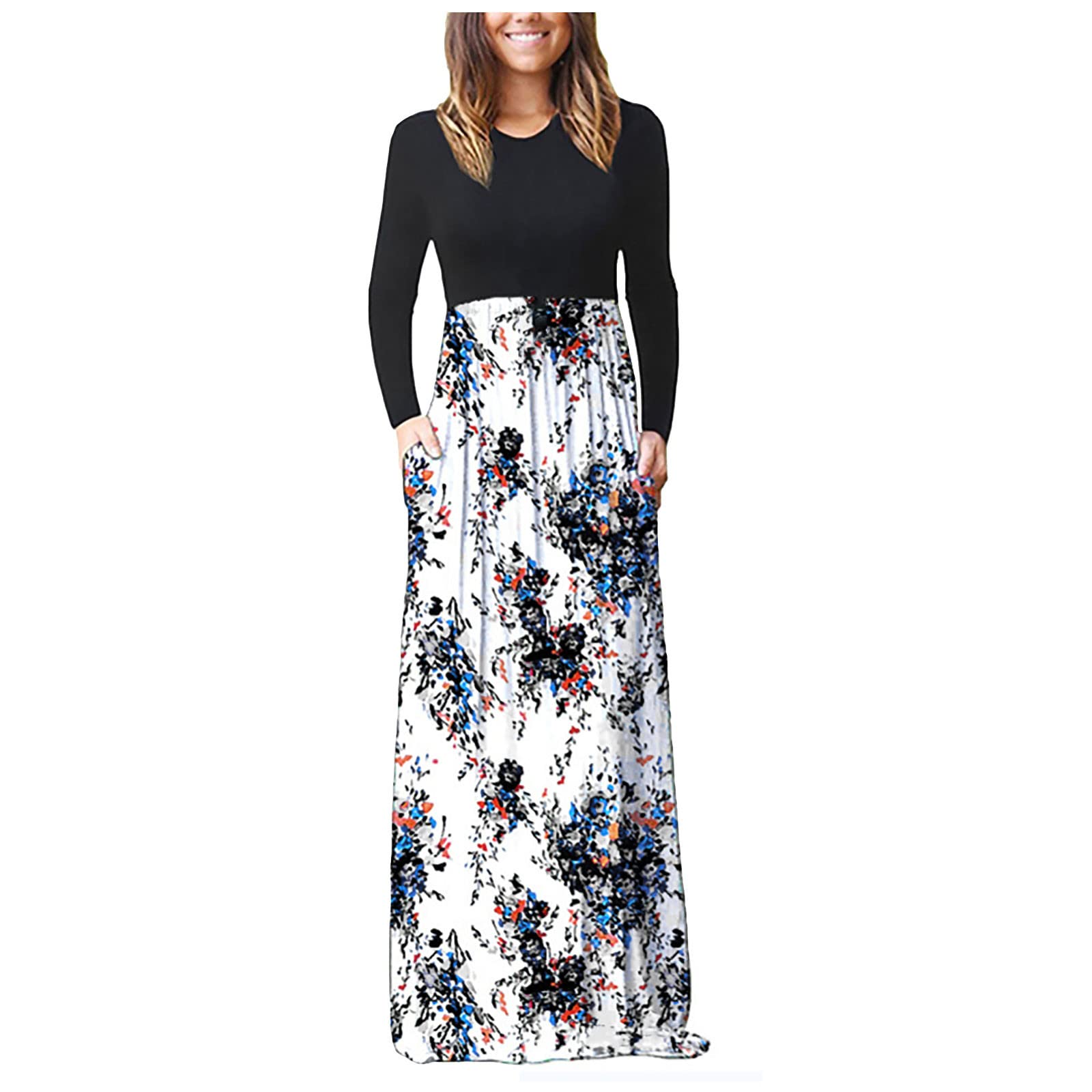 Women's Long Sleeve Loose Plain Maxi Dress - Casual Flowy Midi Dress with Pockets for Everyday Wear, Beach Cover Up & Boho Style Outfits