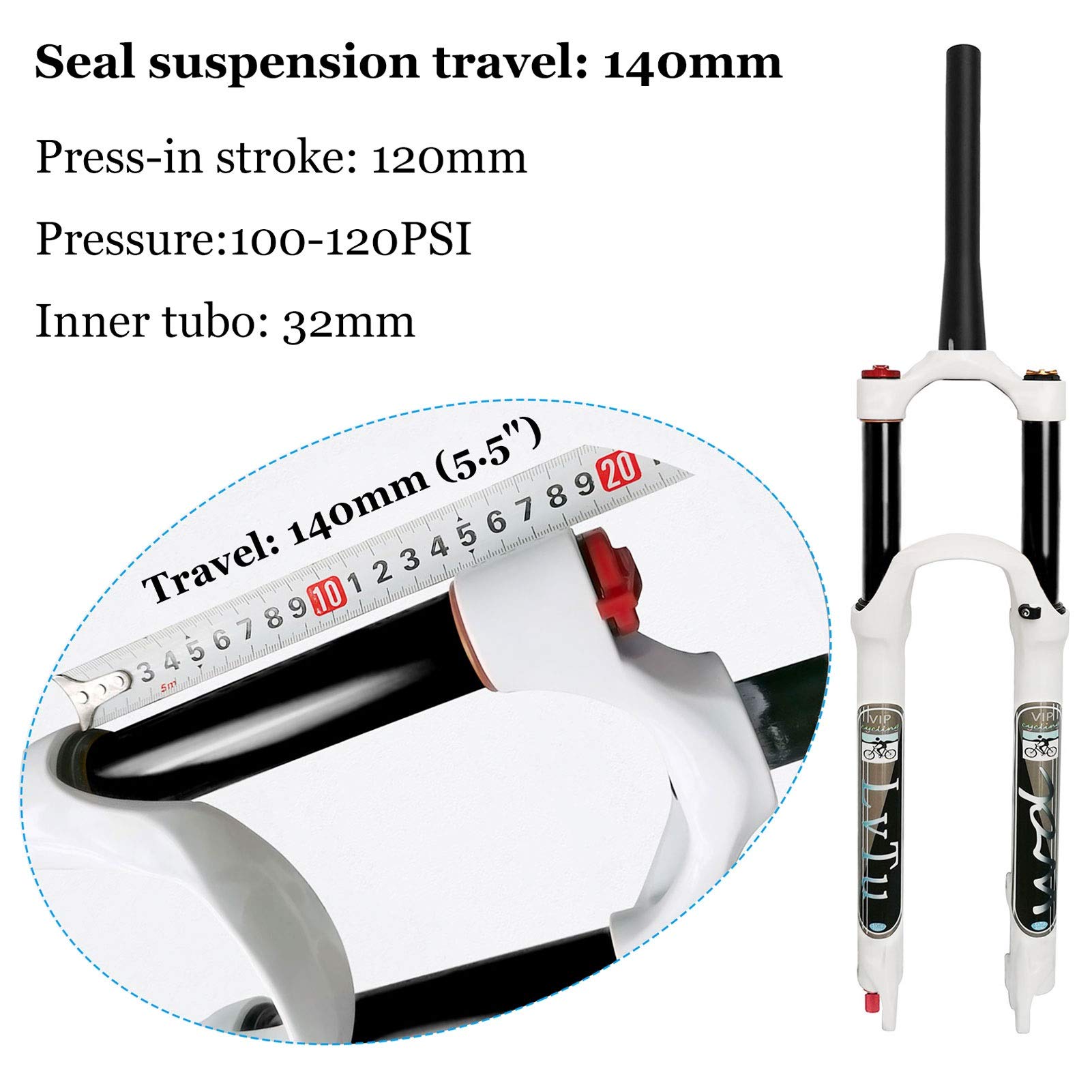 MTB Suspension Fork 140mm Travel Rebound Adjust - Straight/Tapered Tube Mountain Bike Front Fork with 180mm Disc Brake Adapter for 26 Inch Wheels - Perfect for Trail Riding, Downhill & Cross-Country Biking