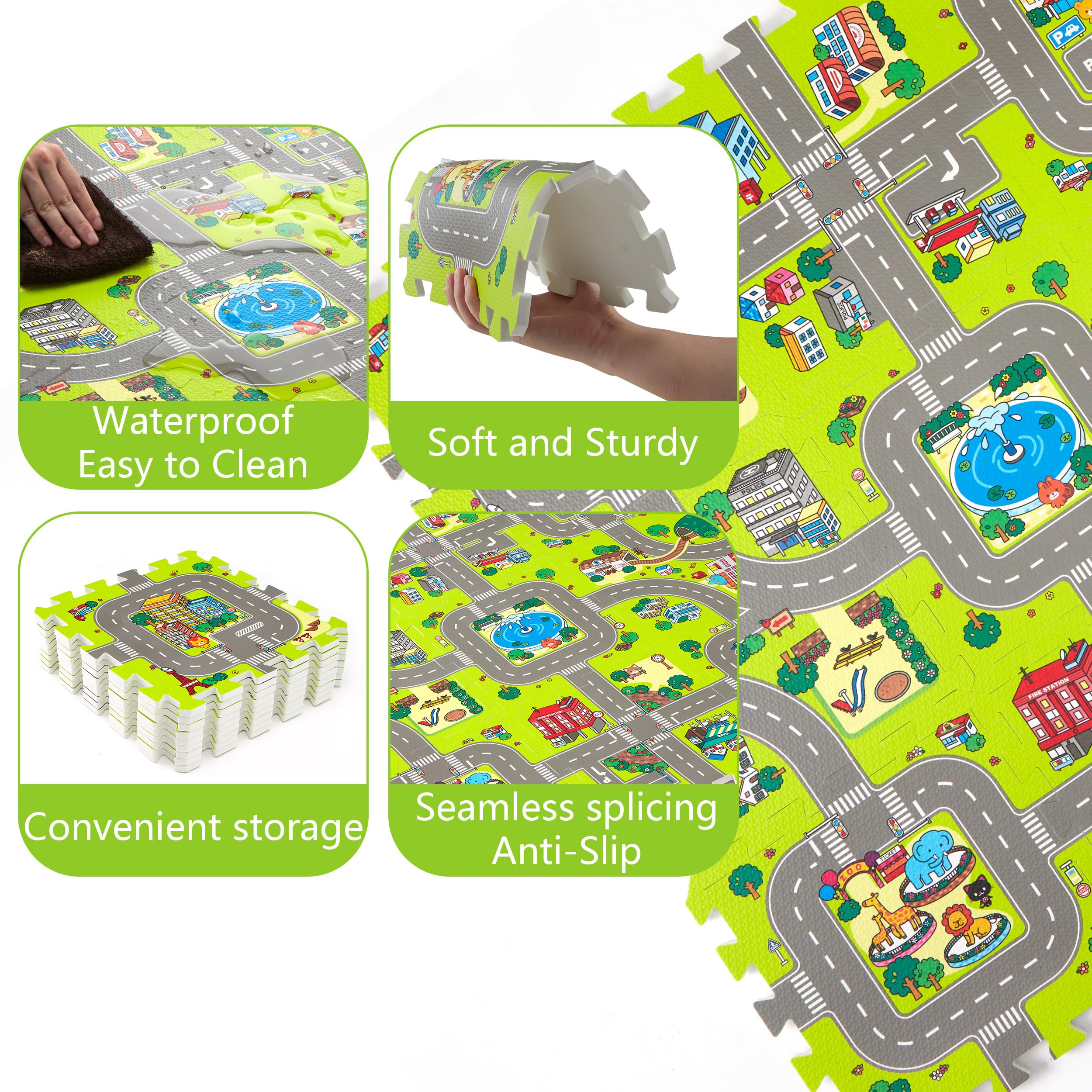 Non-Toxic Baby Play Mats for Floor - 9-Piece Interlocking Foam Tiles with City Road Track Design | Safe Crawling & Learning Space for Infants | Perfect for Nursery, Playroom & Daycare Use