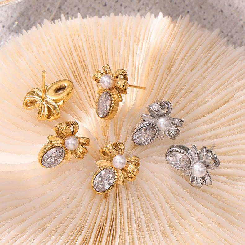 Antique Pearl Bow French Style Stud Earrings for Women - Vintage Gold Plated Jewelry Gift - F1472 | Perfect for Weddings, Parties & Special Occasions