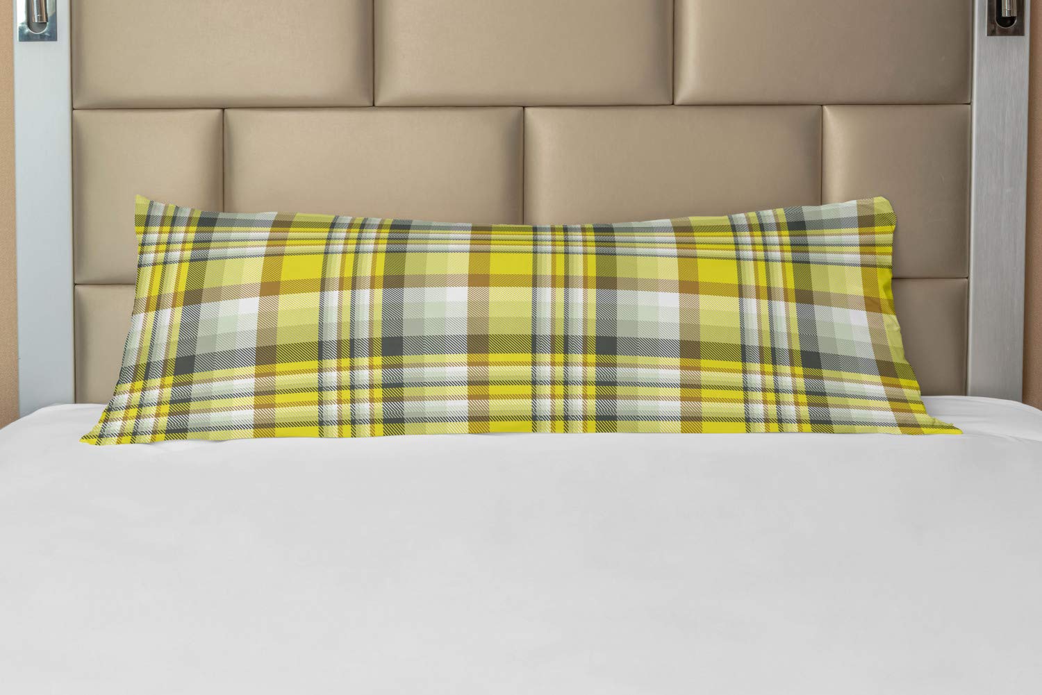 Ambesonne Plaid Body Pillow Case - Grey Yellow Madras, 21x54